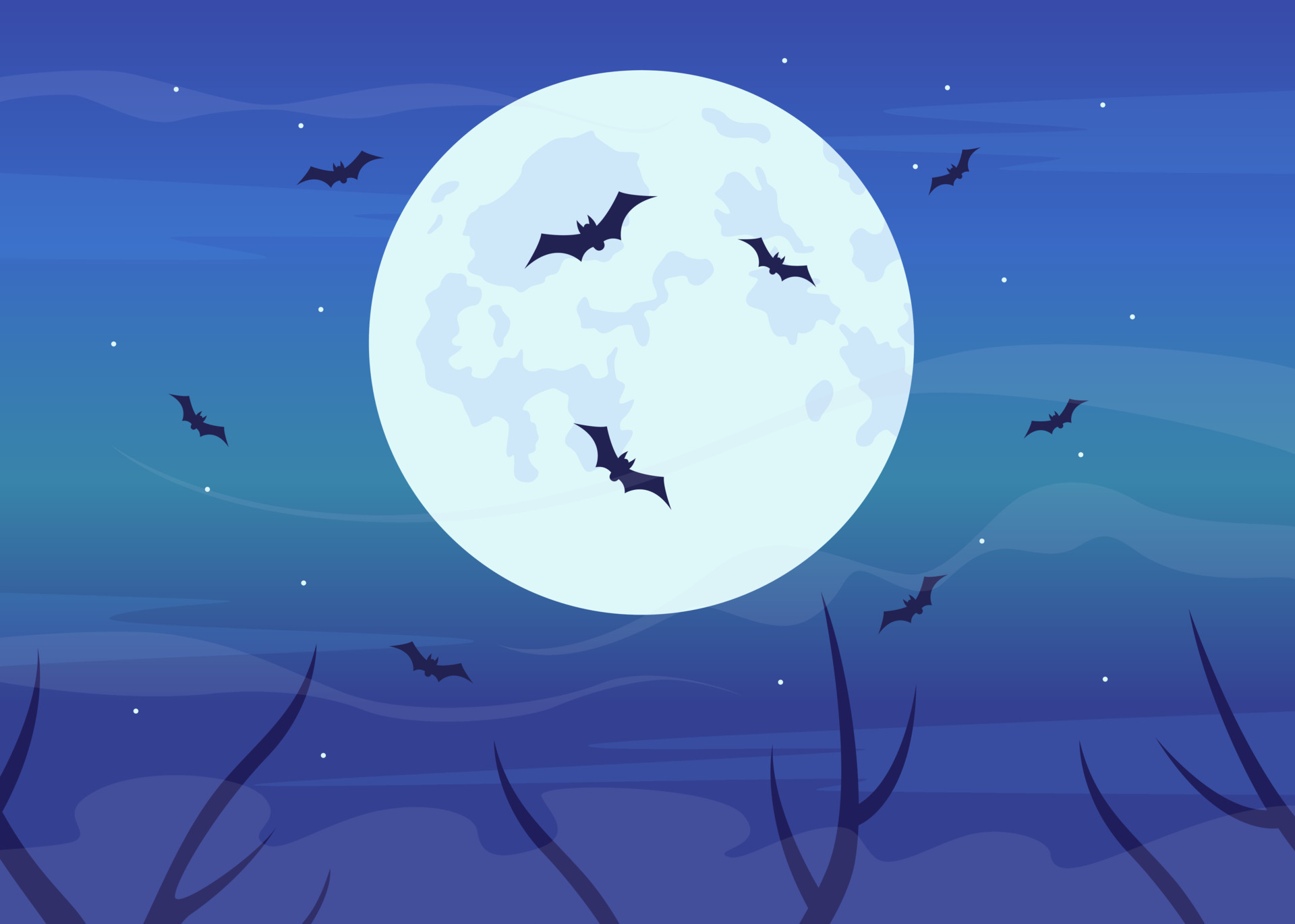 chauves-souris volant en illustration vectorielle de couleur plate de  pleine lune. nuit effrayante. nuit d'halloween. environnement sinistre et  mystique. objets de dessin animé simples 2d entièrement modifiables avec  ciel nocturne en arrière-plan