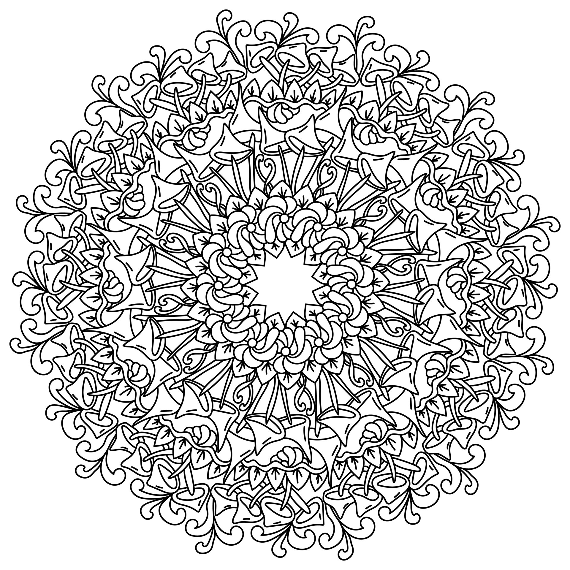 mandala aux champignons avec des fleurs et des boucles