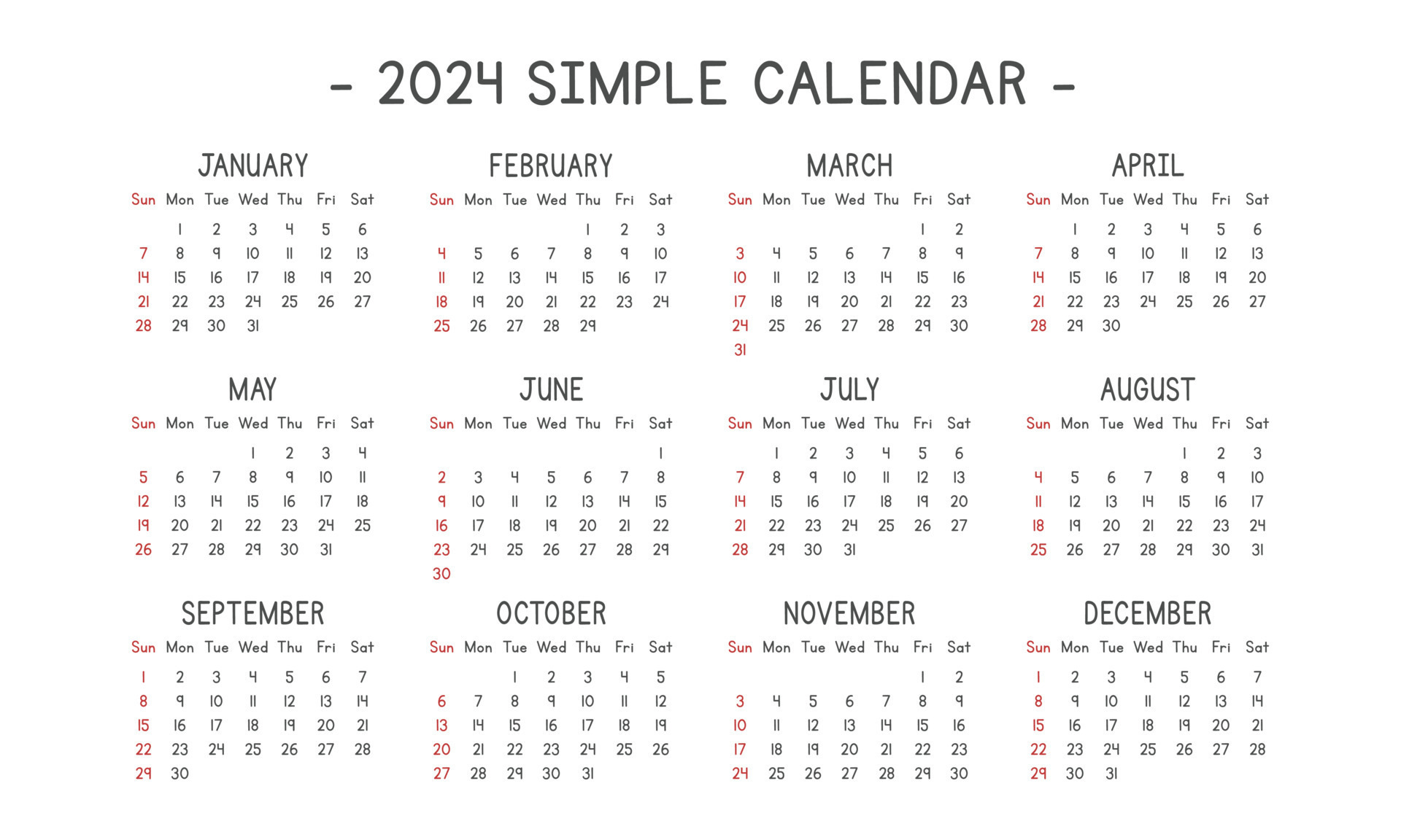 Calendrier 2024 Année La Semaine Commence Le Dimanche Conception