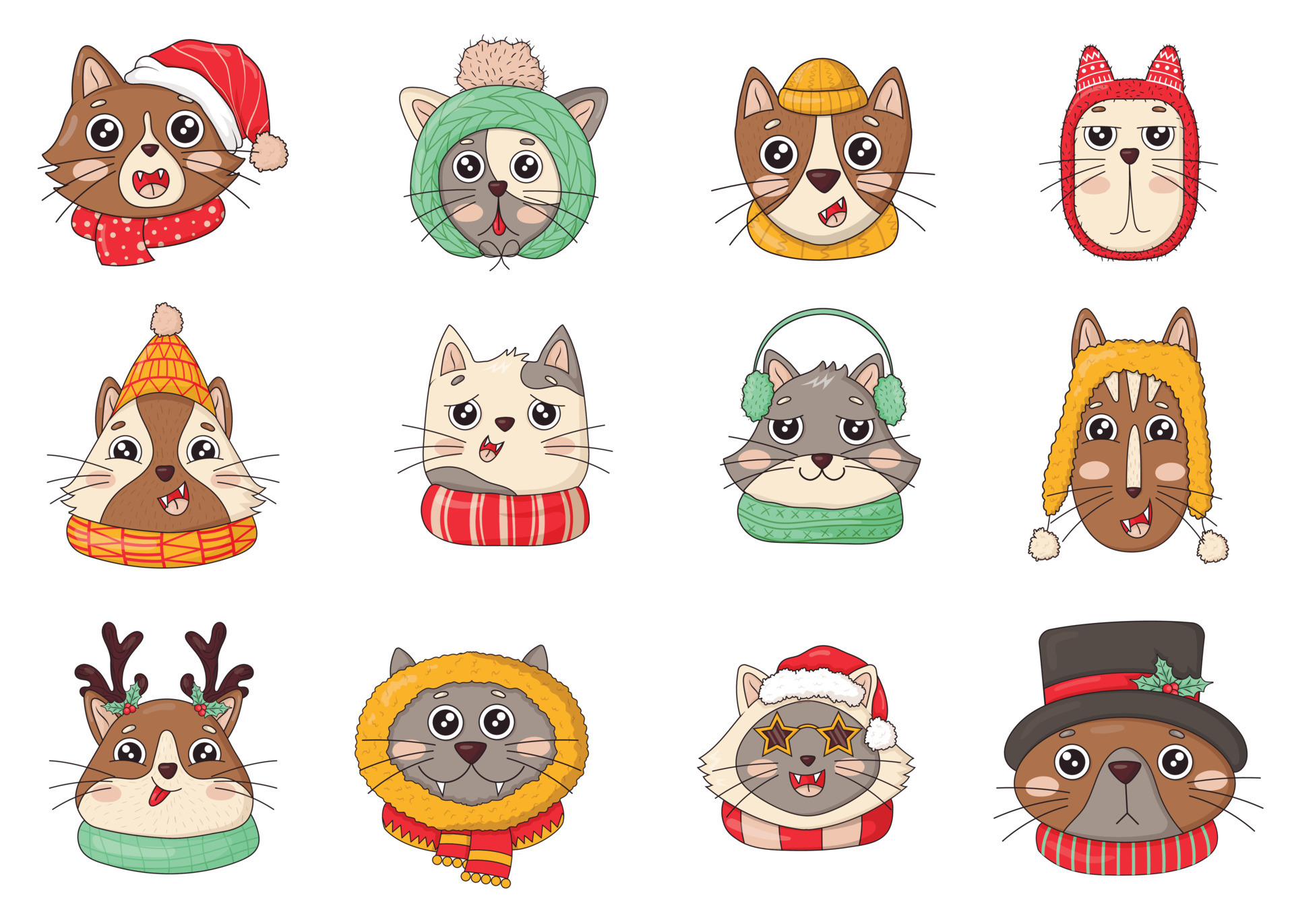 lot de jolies têtes de chat de noël en chapeaux tricotés avec pompons et  écharpes, chapeau haut de forme avec houx, lunettes étoiles, bois de cerf,  vêtements d'hiver 13941484 Art vectoriel chez