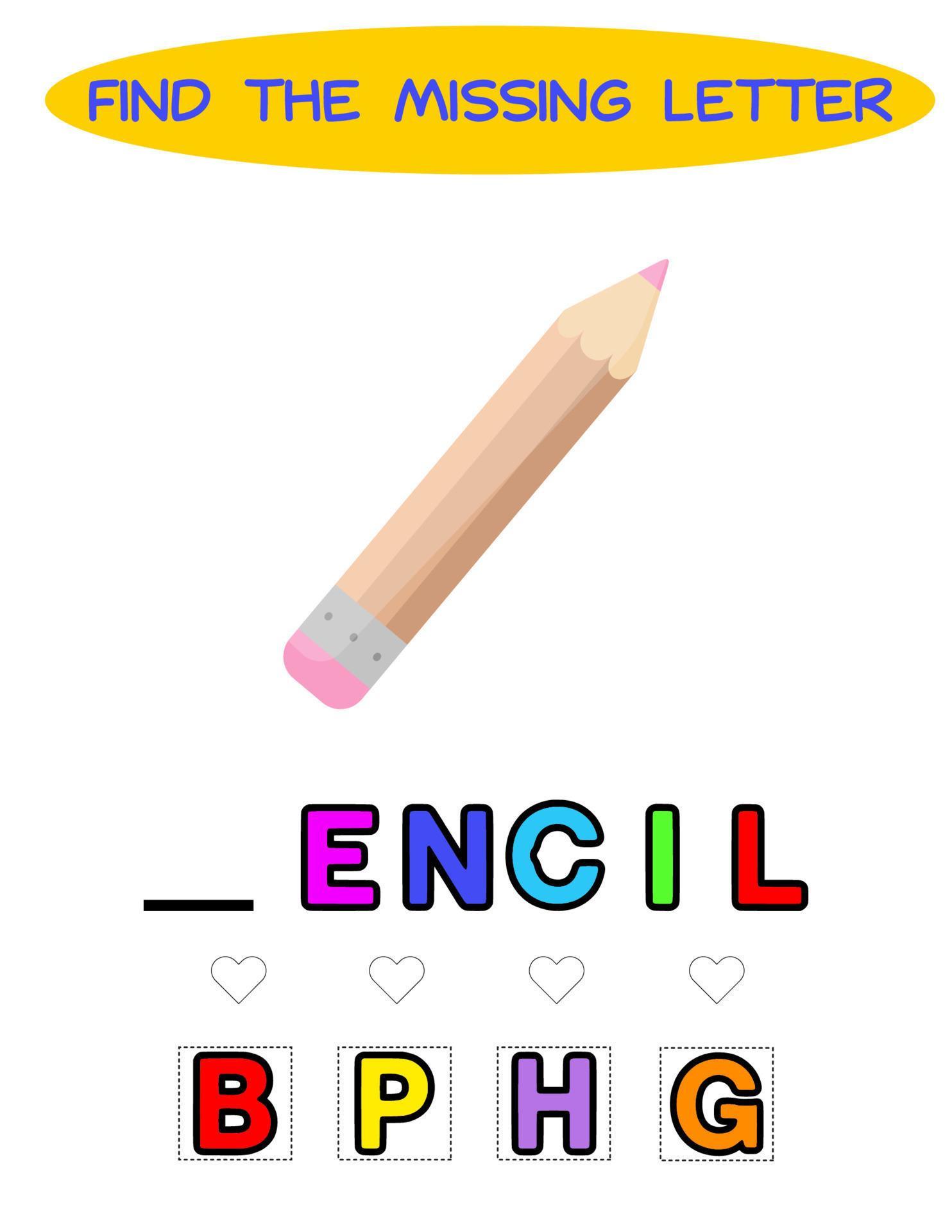 trouver la lettre manquante. crayon pour dessiner. jeu éducatif d' orthographe pour les enfants 13941654 Art vectoriel chez Vecteezy