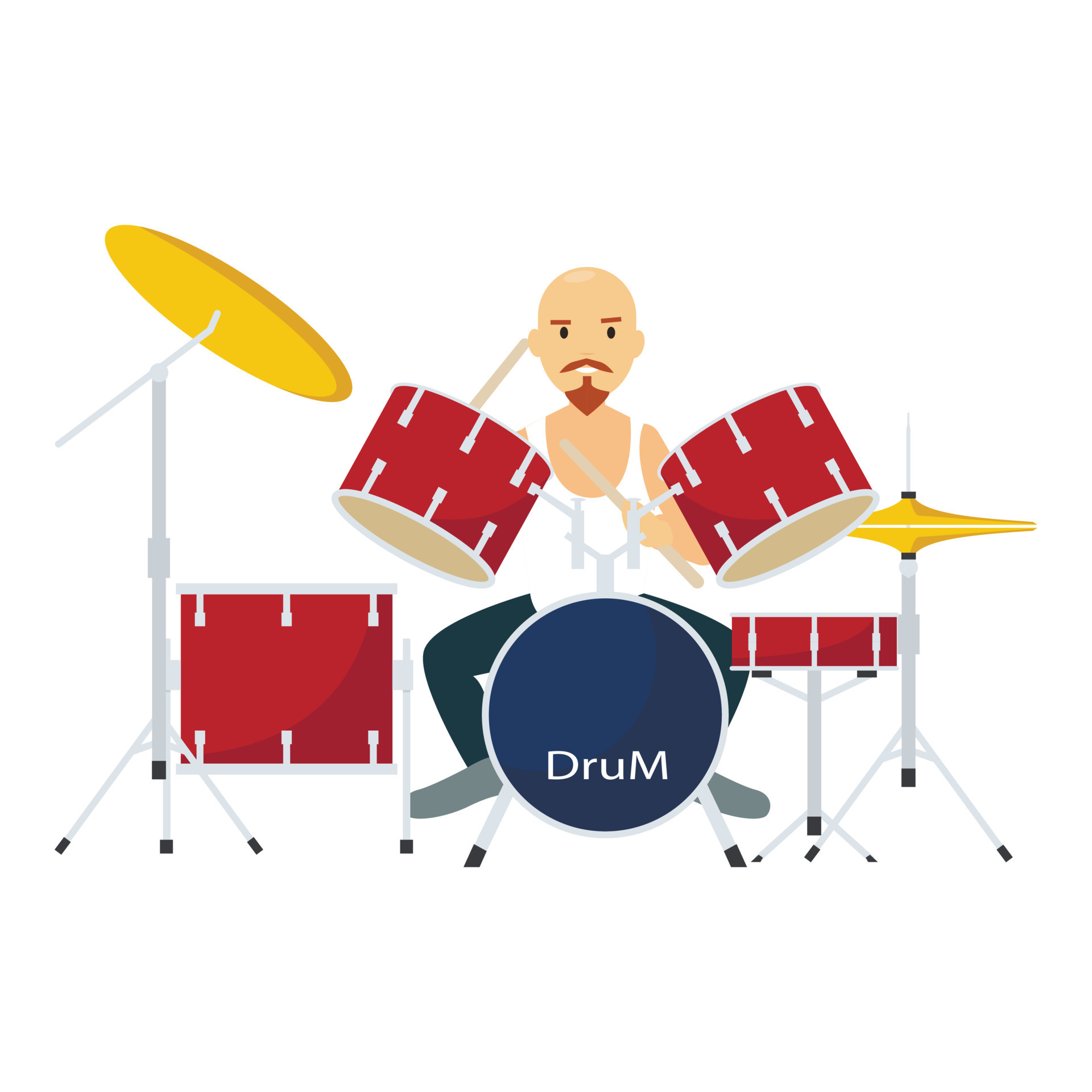 le batteur. musique rock. mec batteur à la batterie. homme jouant avec des  bâtons sur la conception de style plat de batterie et de cymbales. musicien  talentueux. illustration de vecteur de dessin