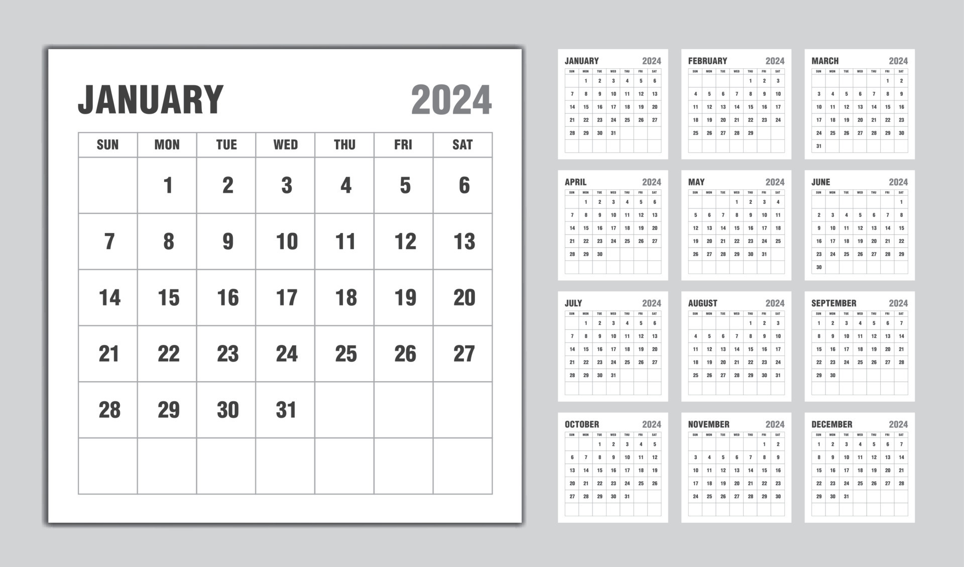 calendrier 2024 année design noir, modèle de calendrier mensuel pour  l'année 2024, la semaine commence le dimanche, modèle de calendrier mural  minimaliste 2024, planificateur, vecteur de modèle d'entreprise 16820105  Art vectoriel chez Vecteezy