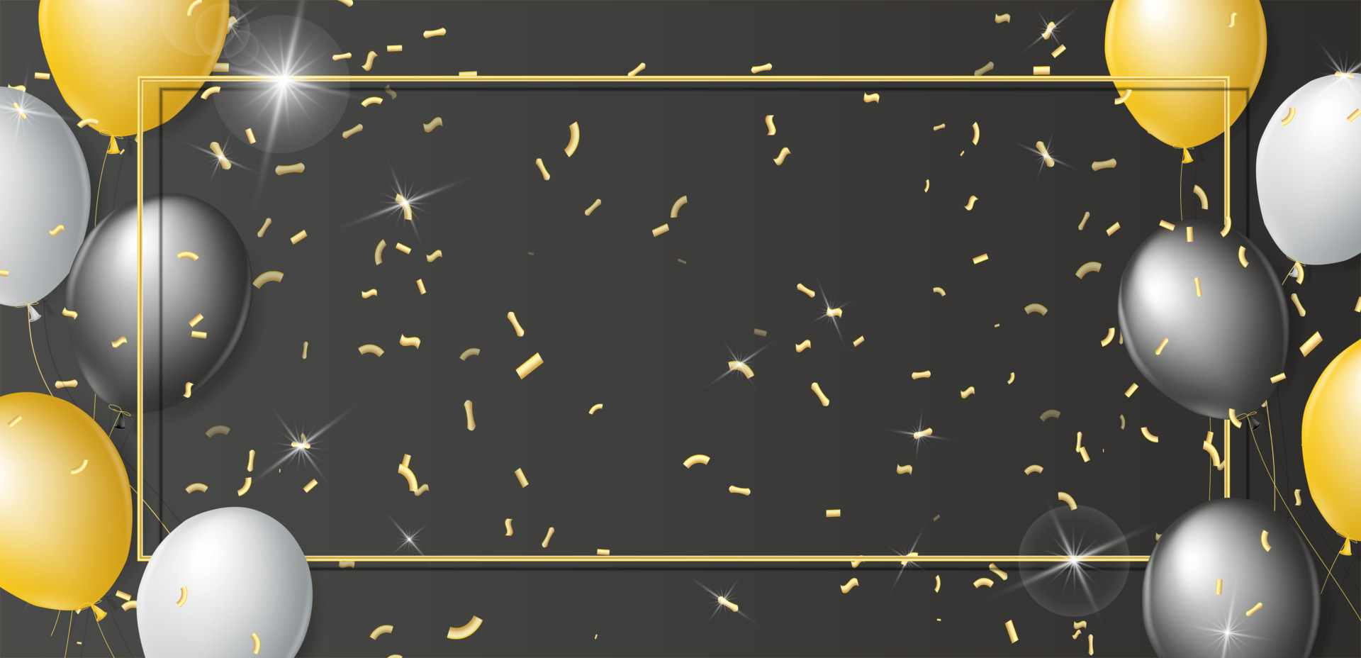 ballons noirs, blancs et or sur fond noir. cadre doré avec des ballons 3d  réalistes et des confettis avec des paillettes dorées. place pour votre  texte. modèle de carte postale, invitation, bannière.