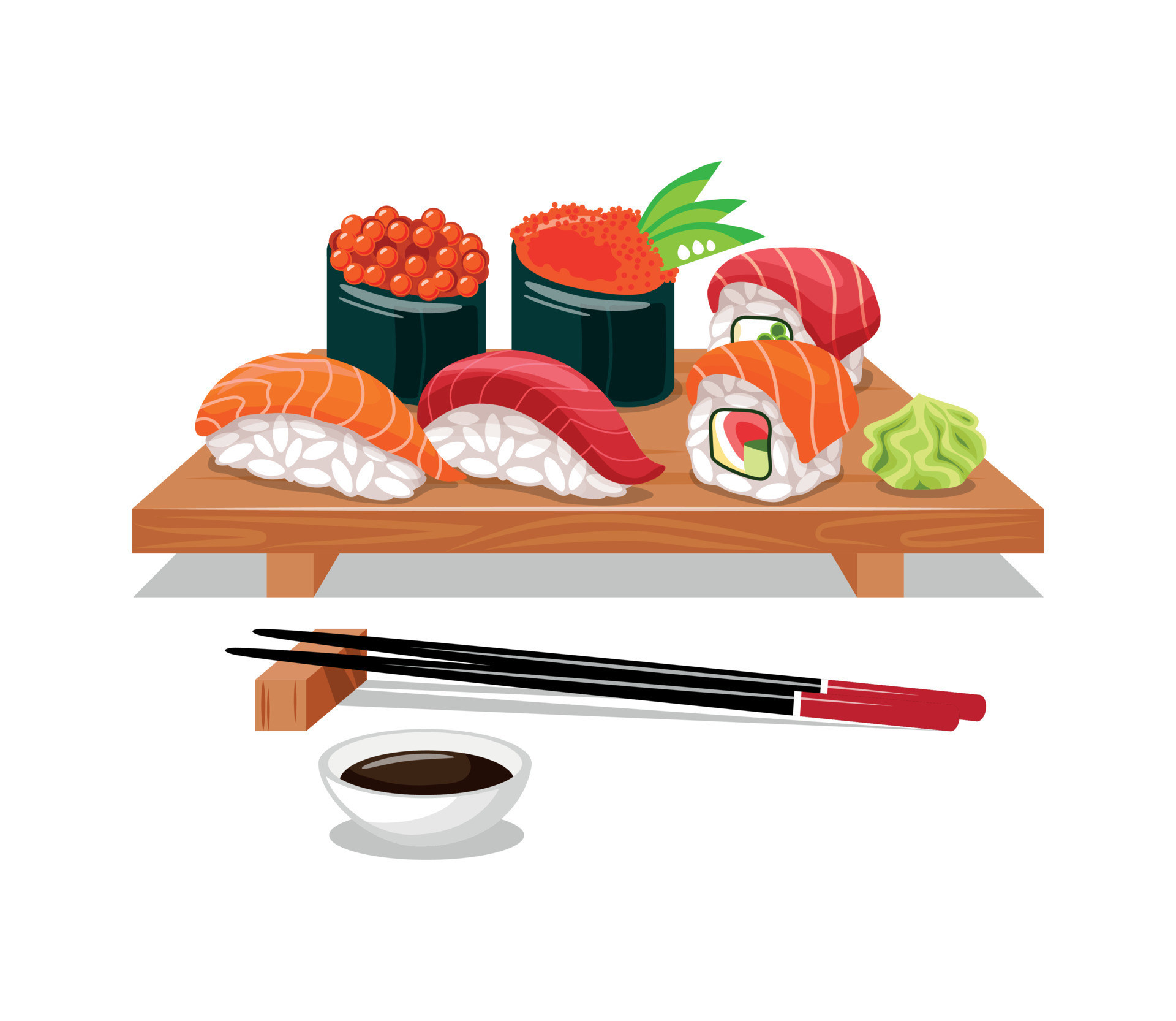 nourriture asiatique. un ensemble de sushis sur une assiette en bois  traditionnelle et un ensemble de baguettes. sushi, rouleaux, nigiri,  goukans, sauce, wasabi. fond blanc, objet isolé. concept de menu et affiche