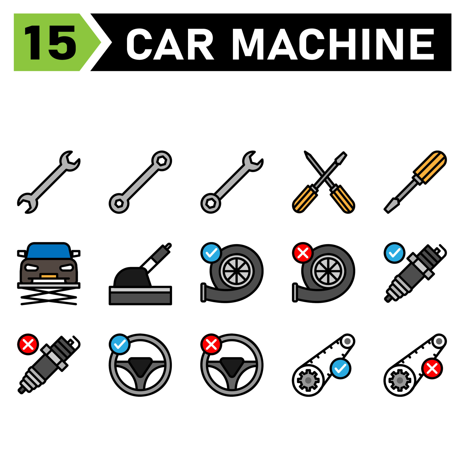 l'ensemble d'icônes de machine de voiture comprend des outils, un outil,  une clé, un