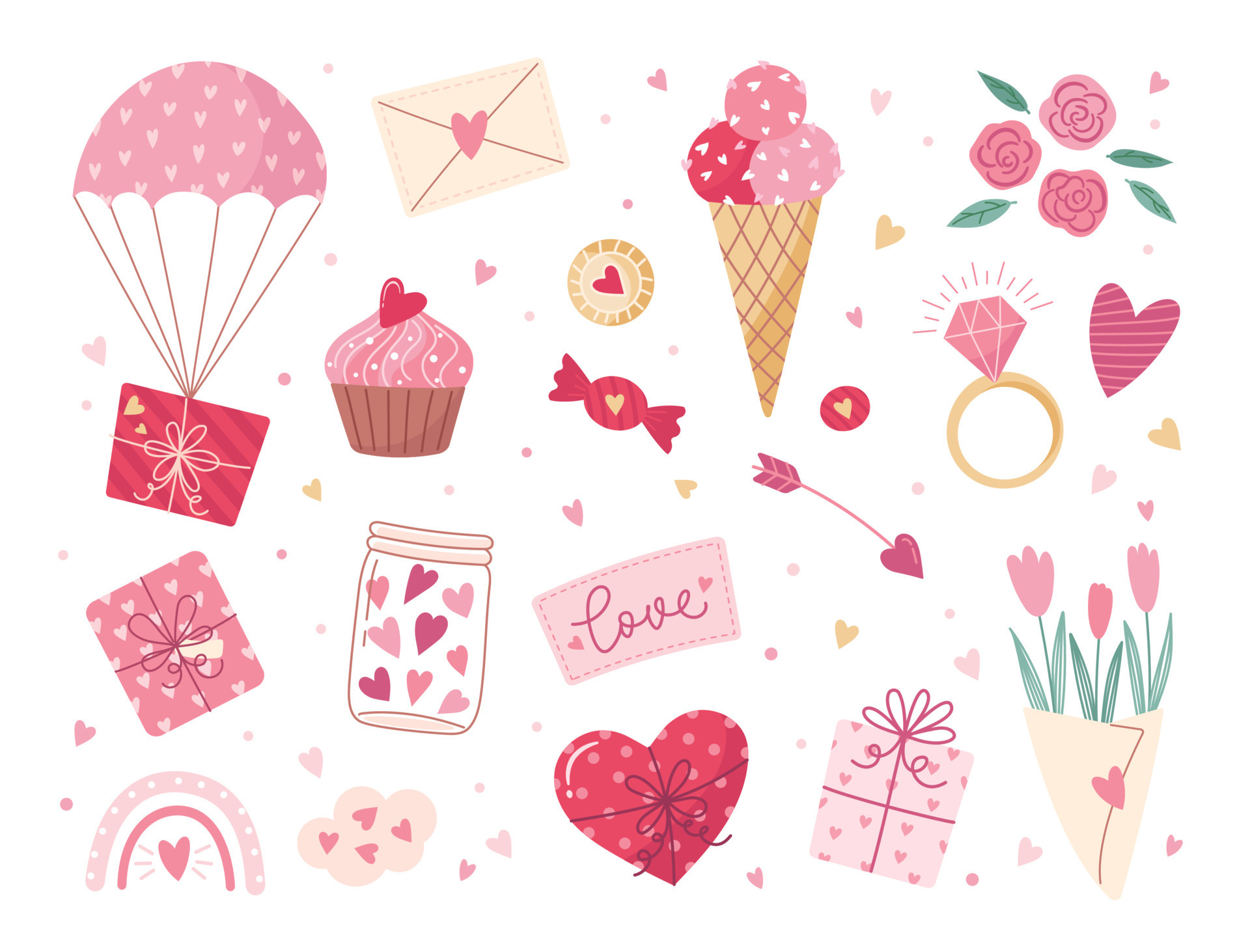 autocollants de la saint valentin. cadeau, coeur, ballon, bisou, clé, rose,  bonbons et autres pour la décoration. style de dessin animé d'autocollant  d'amour. illustration vectorielle. 5184704 Art vectoriel chez Vecteezy