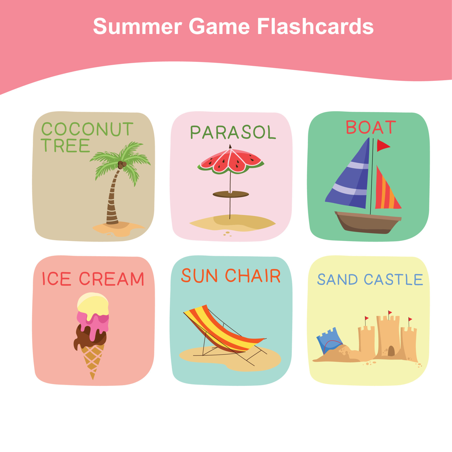 flashcards de jeu d'été pour les enfants d'âge préscolaire. cartes