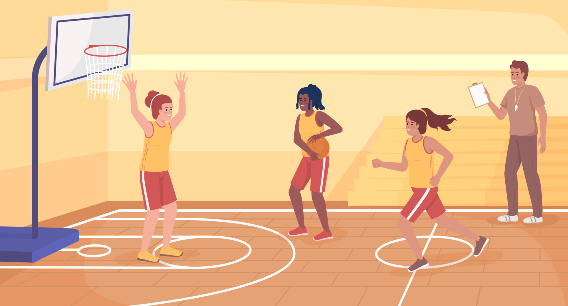 club d'athlétisme dans l'illustration vectorielle de couleur plate de  l'école. filles sportives jouant au basket ensemble. activités sportives au  lycée. personnages de dessins animés simples 2d entièrement modifiables  avec salle de sport