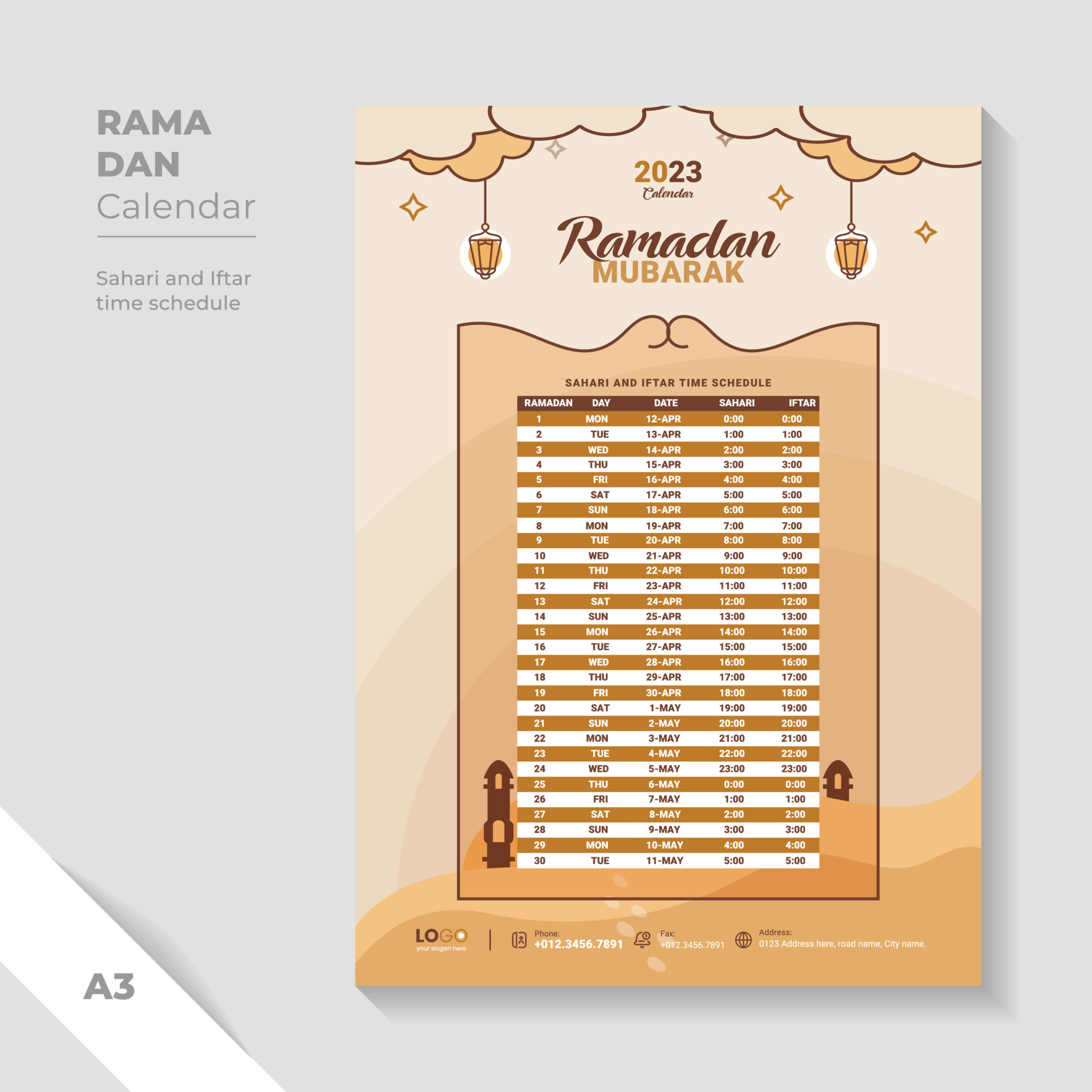 Conception Du Calendrier Islamique Et Horaire Sehri Iftar, Modèle De Calendrier  Ramadan 2023