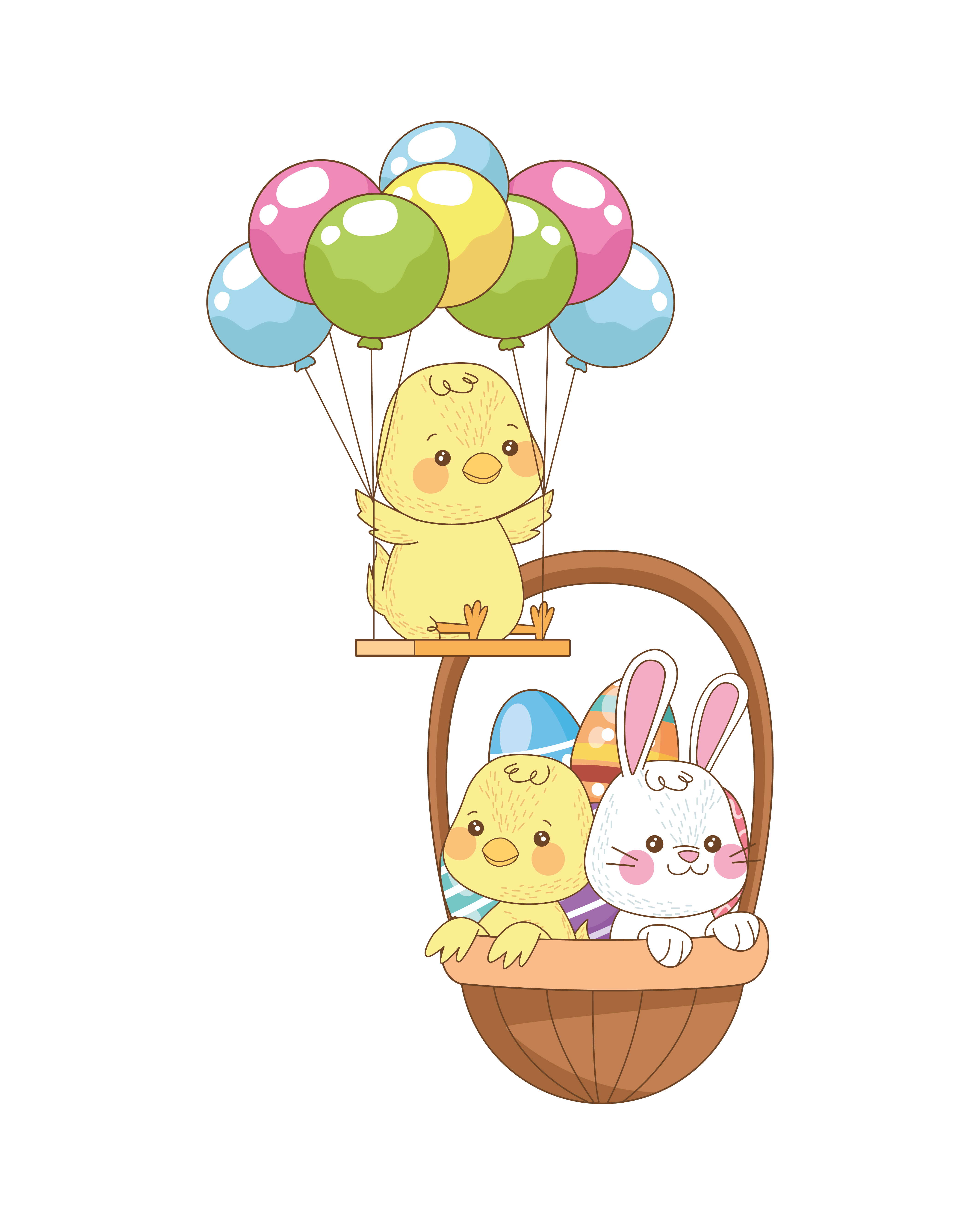 petit lapin et poussin avec des ballons à l'hélium, personnages de Pâques  1994885 Art vectoriel chez Vecteezy