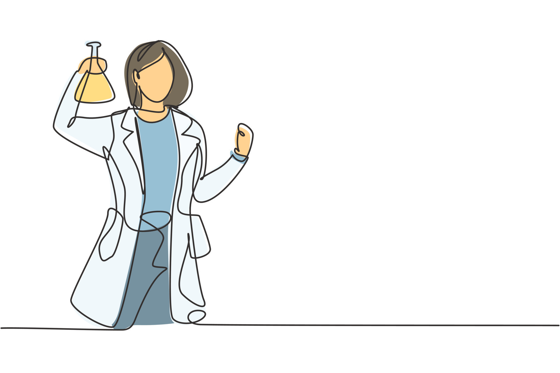 Une seule femme scientifique dessinant une ligne avec un geste de  célébration et tenant un tube de mesure pour examiner une solution chimique  pour fabriquer un vaccin. illustration vectorielle graphique de conception