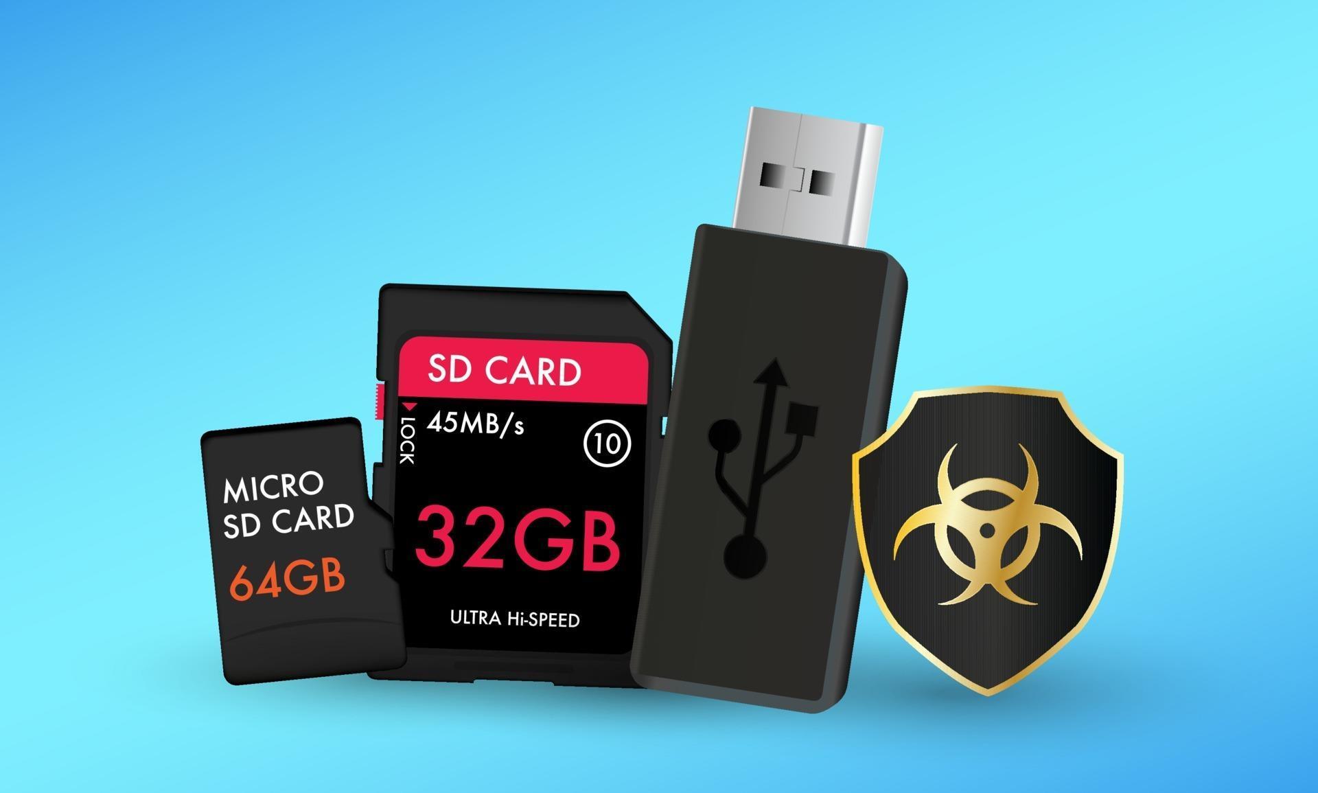 carte sd carte micro sd et clé USB avec un ordinateur antivirus de bouclier  de protection 2271963 Art vectoriel chez Vecteezy