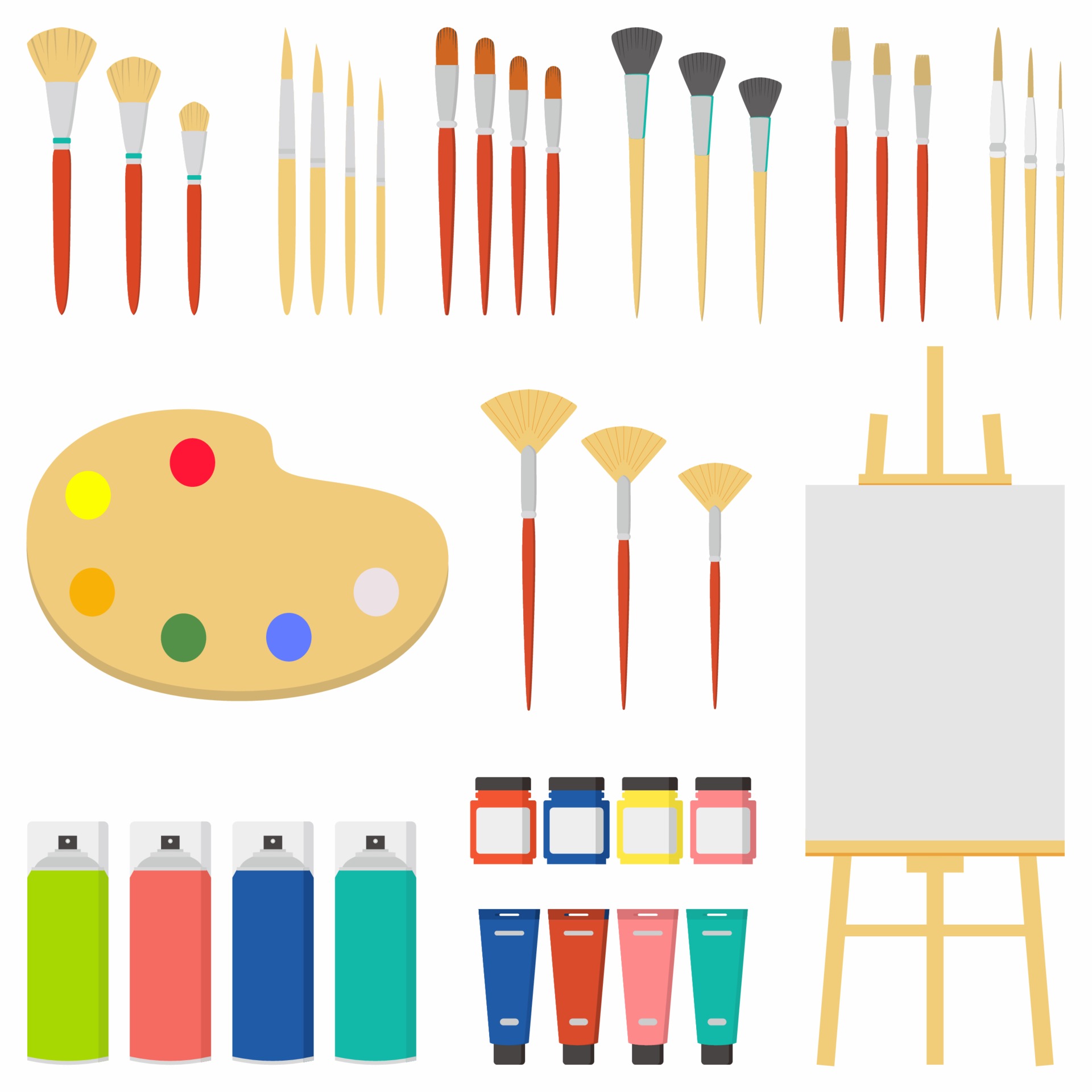 ensemble d'éléments d'outils de peinture dessin animé concept de vecteur  coloré. fournitures d'art chevalet, toile, tubes de peinture, peinture  textile, pinceaux avec différents modèles, etc. illustration vectorielle de  matériaux créatifs 2305769 Art