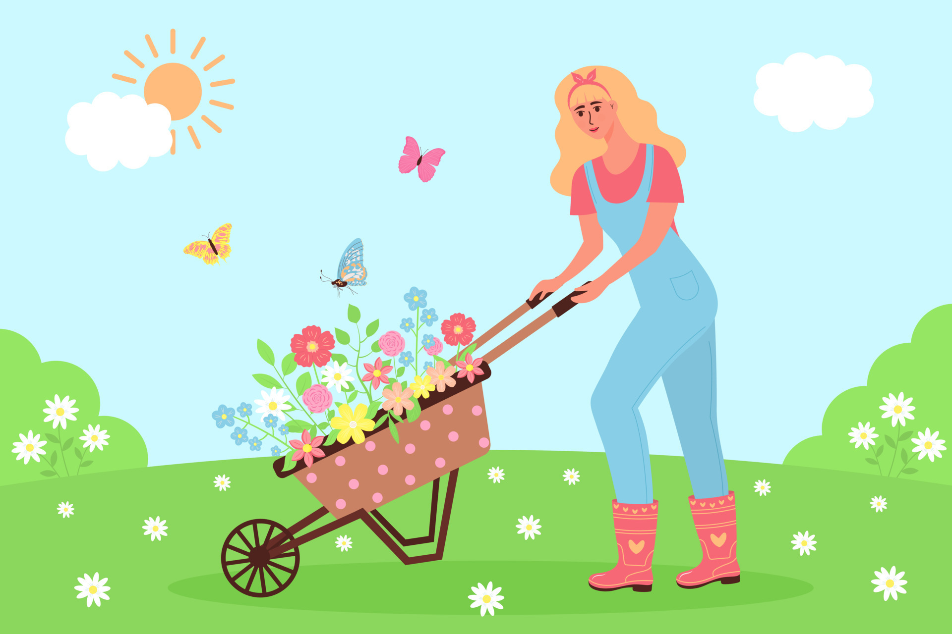 illustration mignonne avec brouette et outils de jardin. prendre