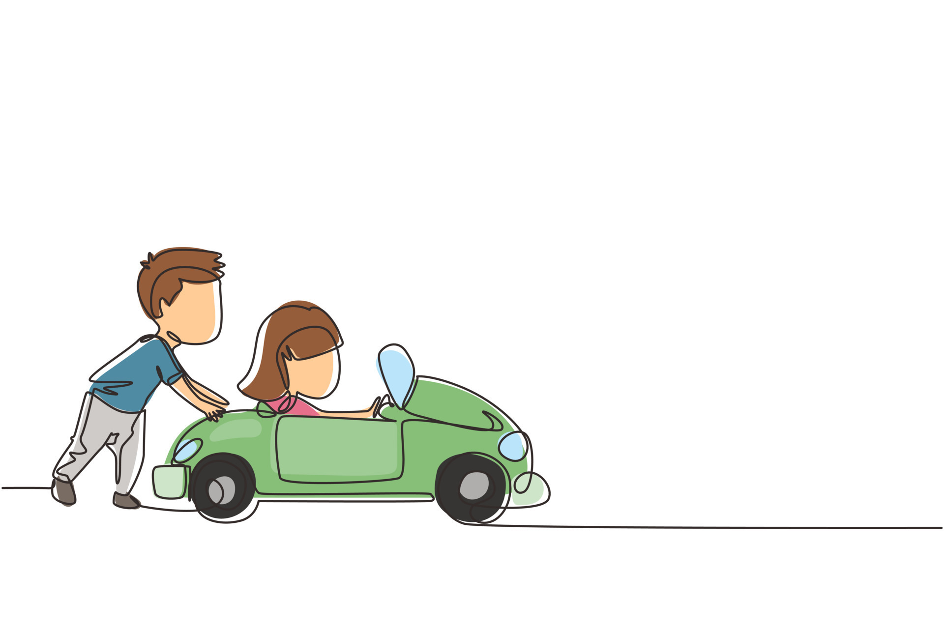 une ligne continue dessinant un garçon pousse la voiture de son ami sur la  route. garçon et fille jouent ensemble avec une grosse voiture de jouet.  les enfants s'amusent avec dans la