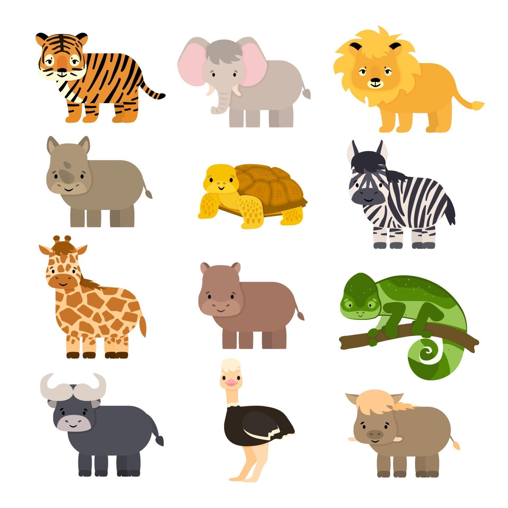 ensemble d'animaux de savane isolés de dessin animé de vecteur simple dans  un style plat. tigre, lion, rhinocéros, phacochère commun, buffle africain,  tortue, caméléon autruche zèbre, éléphant, girafe, hippopotame pour enfants  2370871