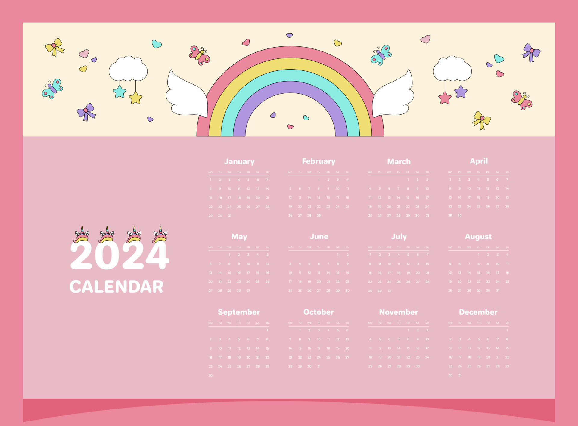 calendrier 2024 rose pour une enfant avec éléments de Licorne, arc