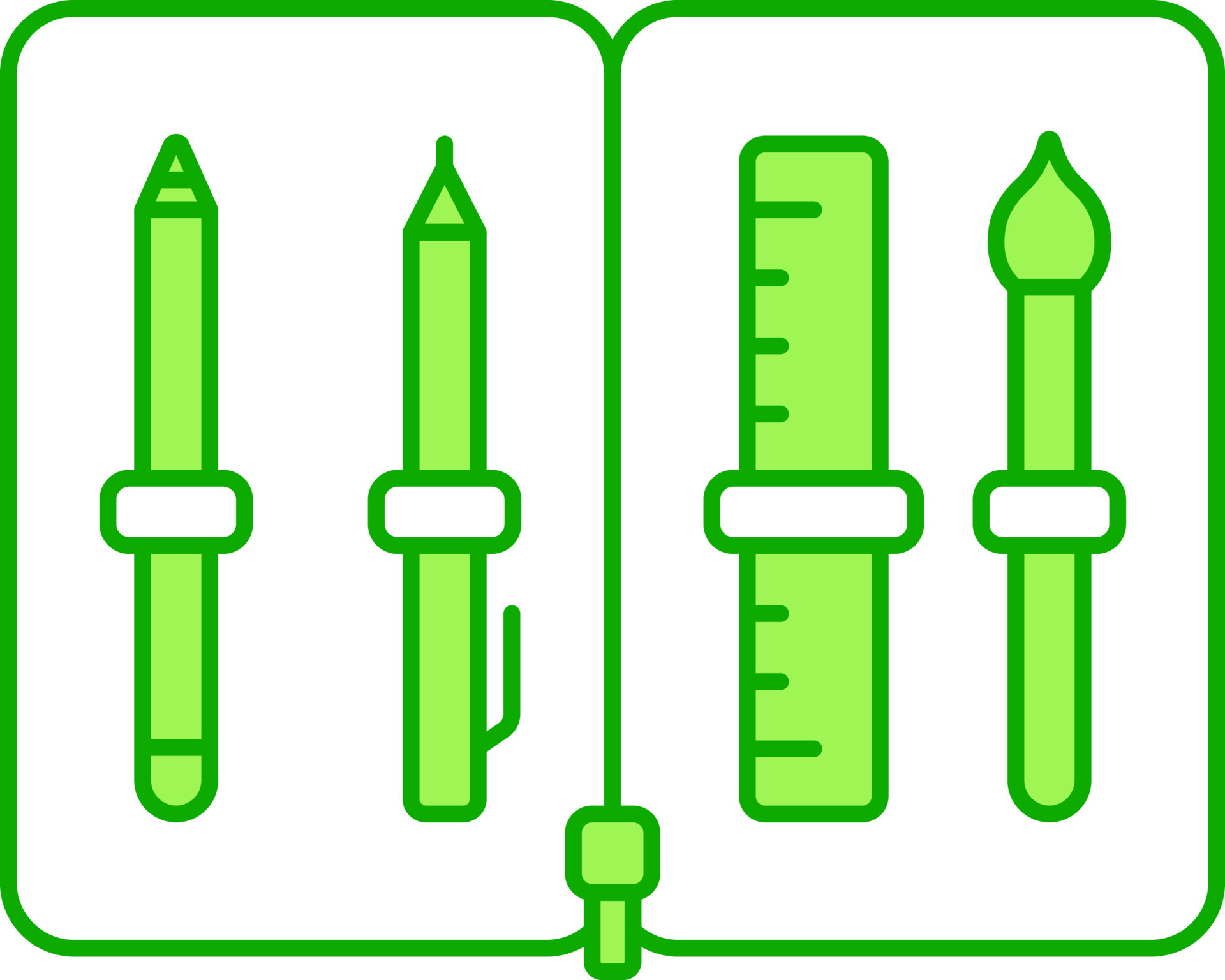 stylo, crayon, brosse avec règle échelle sac vert et blanc icône