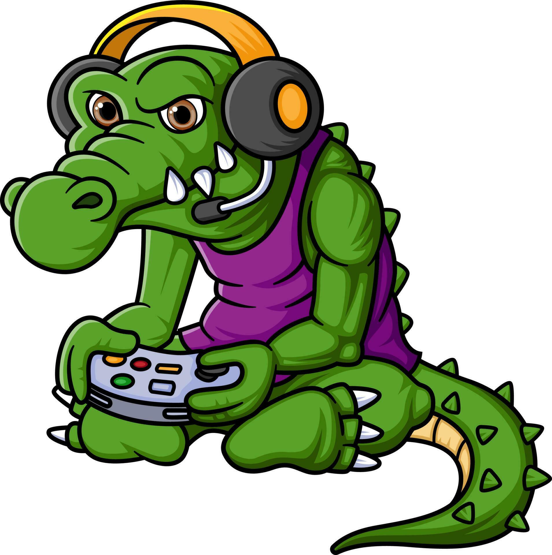 crocodile en jouant Jeu avec manette et casque de musique dessin animé  24612225 Art vectoriel chez Vecteezy