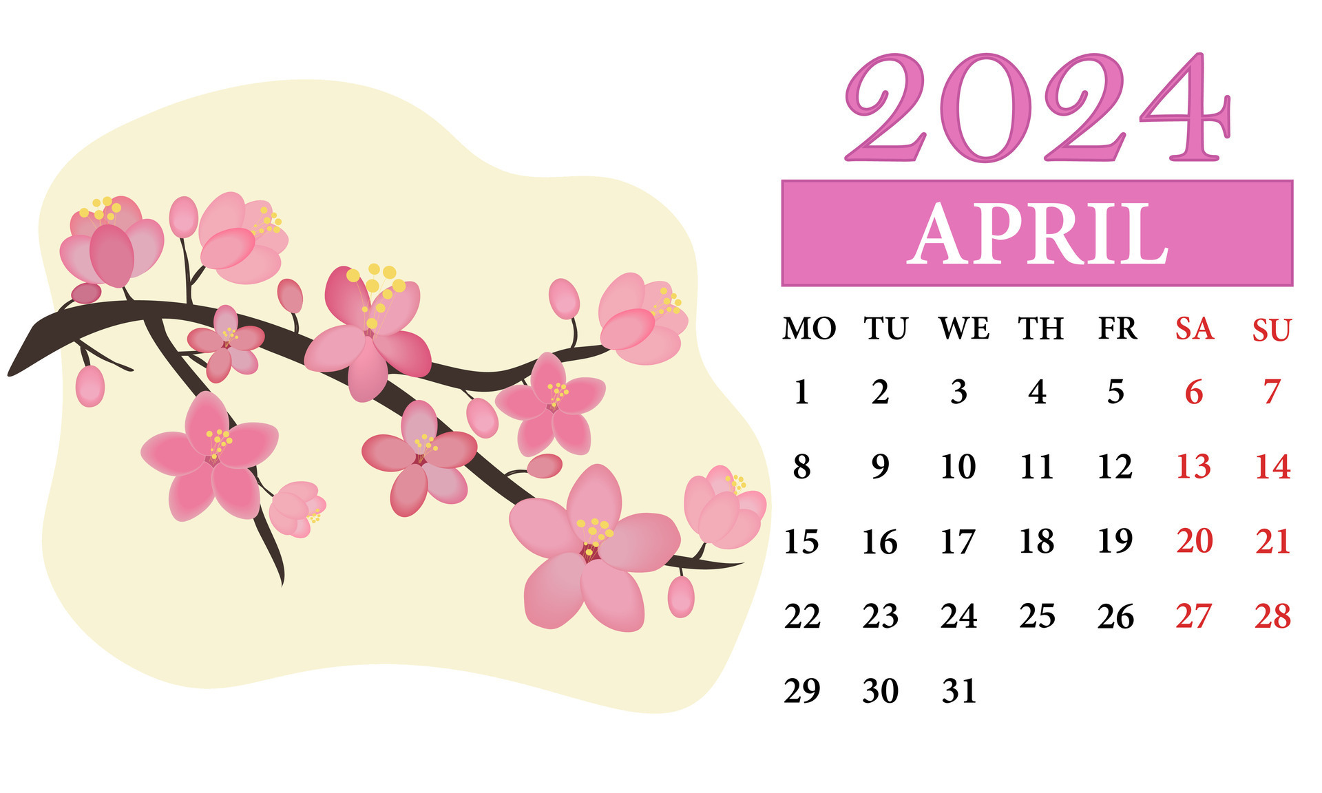 avril mensuel calendrier 2024 avec une Cerise fleurs 25751423 Art vectoriel  chez Vecteezy