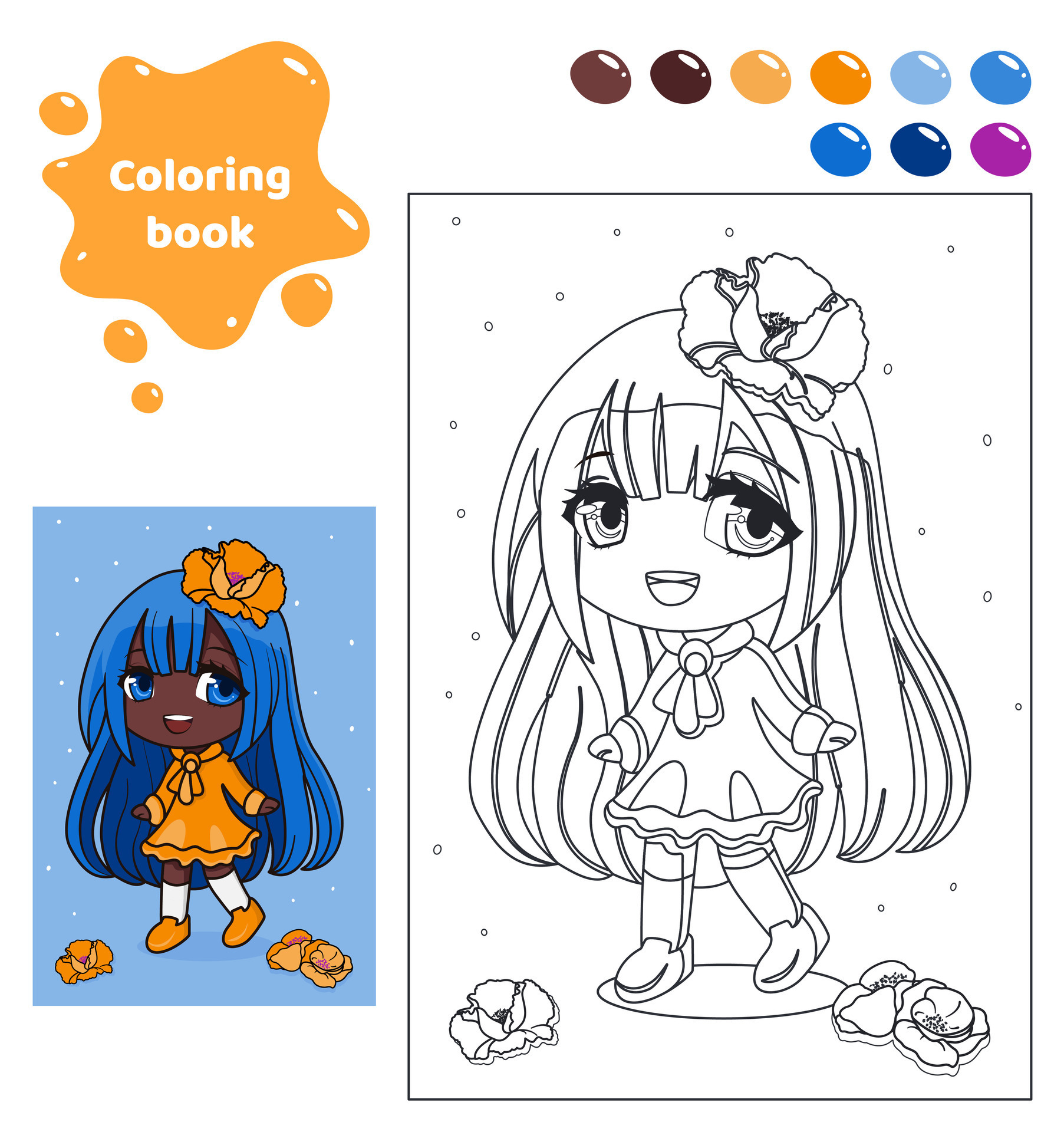 coloration livre pour enfants. feuille de travail pour dessin avec dessin  animé anime fille. mignonne enfant avec coquelicots et bleu cheveux.  coloration page avec Couleur palette pour les enfants. vecteur  illustration. 26512896