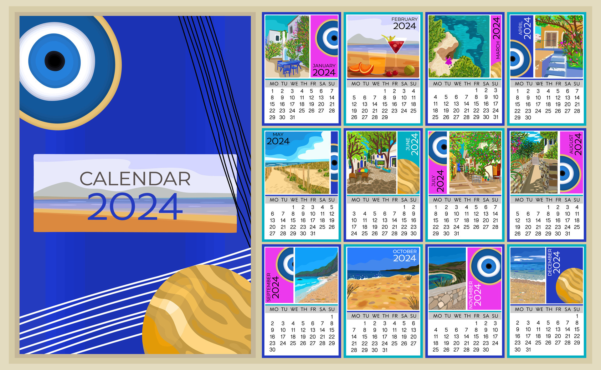 calendrier 2024 dans français langue. coloré mensuel calendrier avec divers  du sud paysages. 27309146 Art vectoriel chez Vecteezy