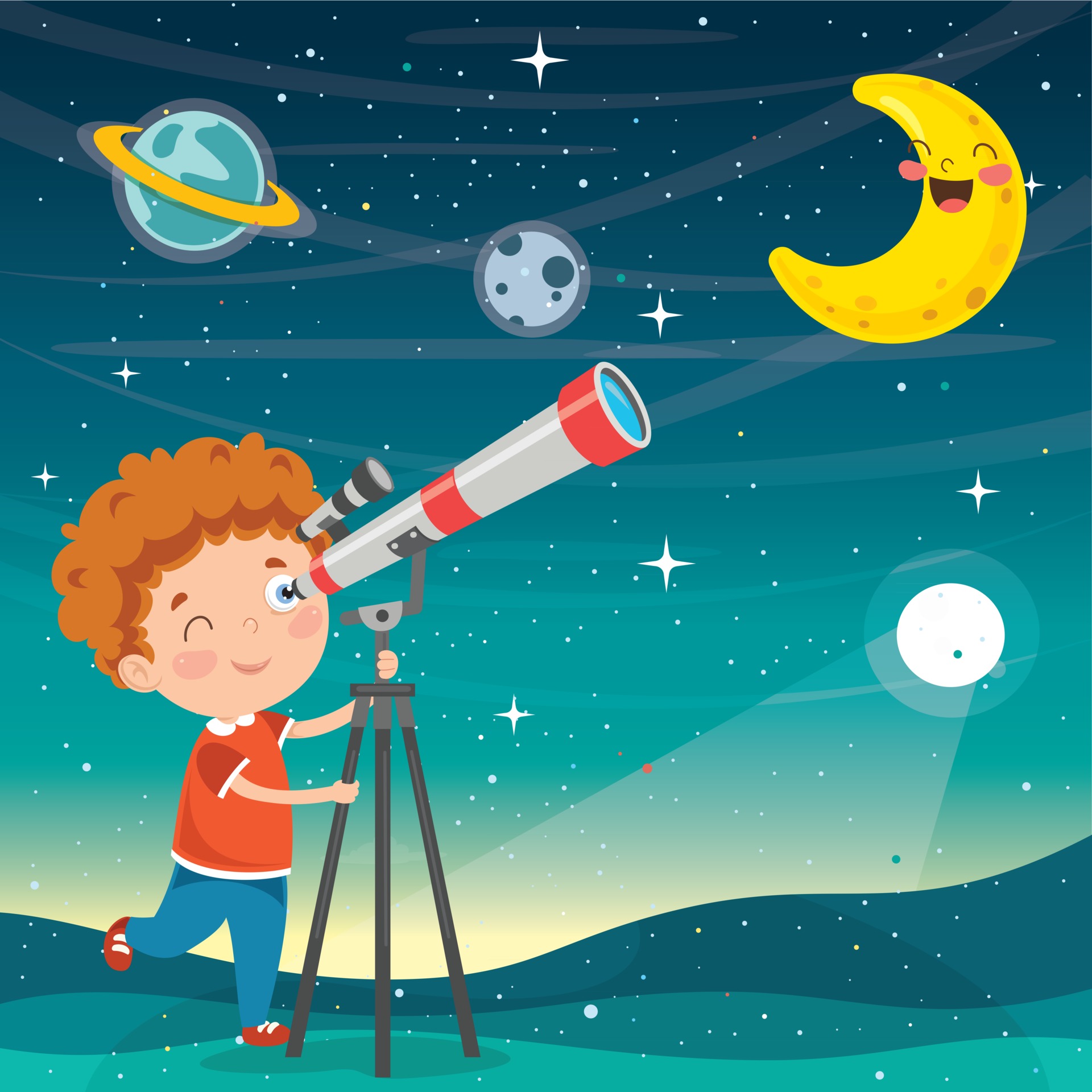 enfant utilisant un télescope pour la recherche astronomique 2737756 Art  vectoriel chez Vecteezy