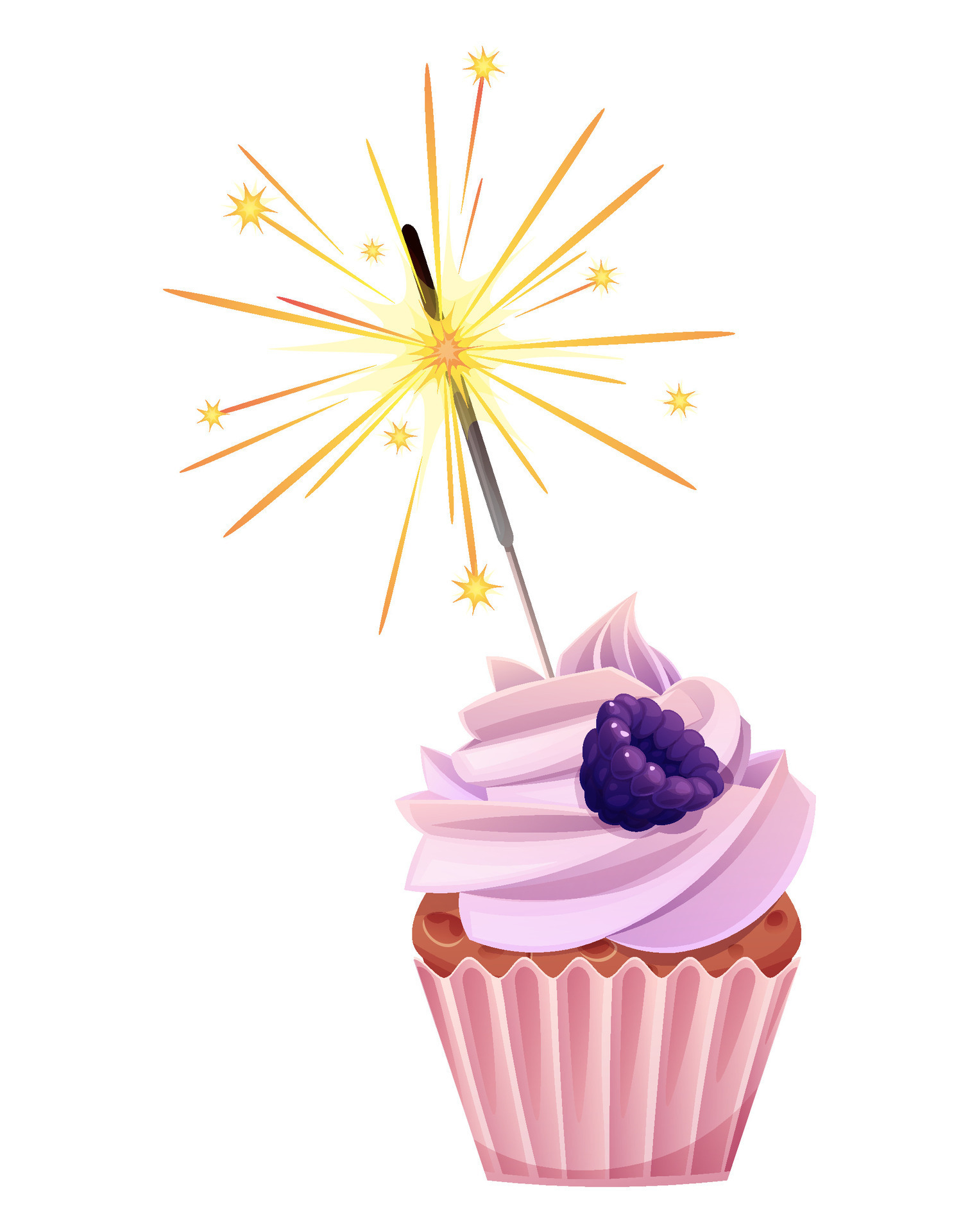 petit gâteau avec cierge magique sur une blanc Contexte. content  anniversaire illustration. muffin avec crème et mûres 27800430 Art  vectoriel chez Vecteezy