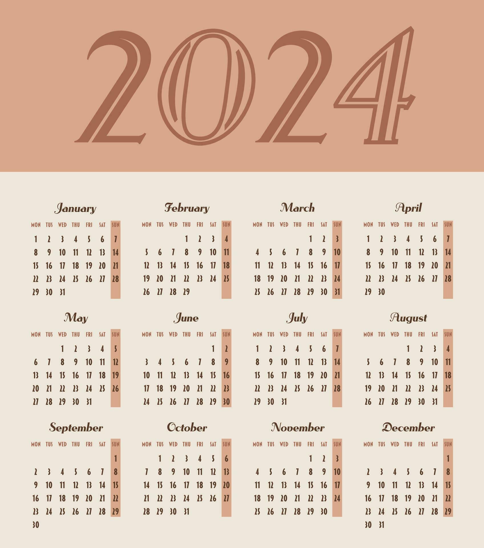 calendrier 2024 an. la semaine départs sur lundi. conception pour  planificateur, impression, papeterie, organisateur. 27988596 Art vectoriel  chez Vecteezy