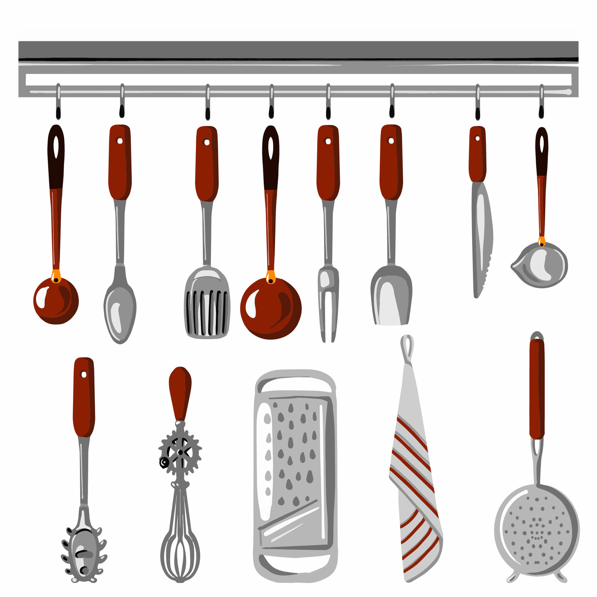 Fine ligne conception du kit d'ustensiles de cuisine. Couteaux et ciseaux  dans la pile est posé sur une table en bois, outils de cuisine afin isolé  sur blanc retour Image Vectorielle Stock 