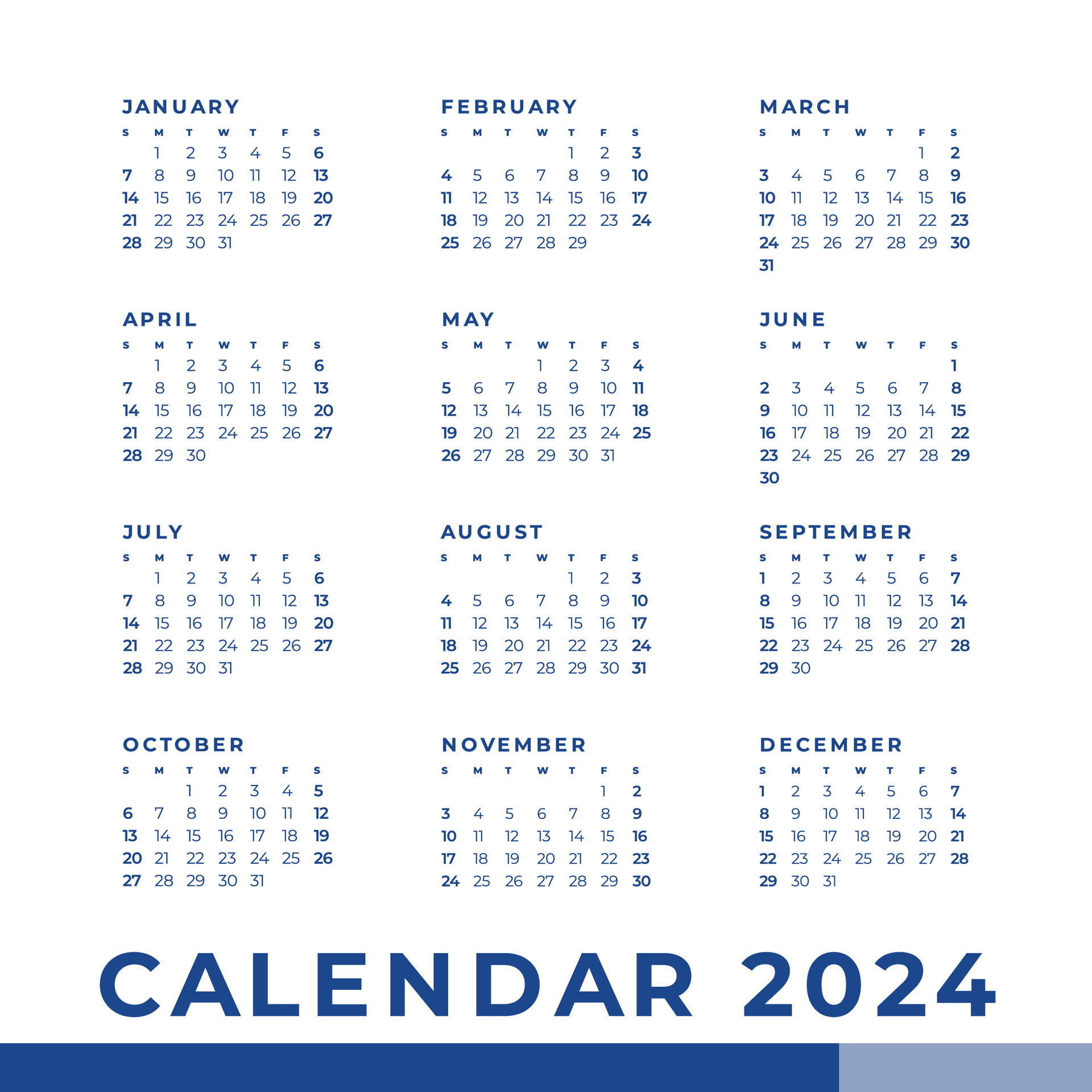 calendrier 2024 année. la semaine commence le dimanche. modèle de calendrier  anglais annuel 2024. 5081041 Art vectoriel chez Vecteezy