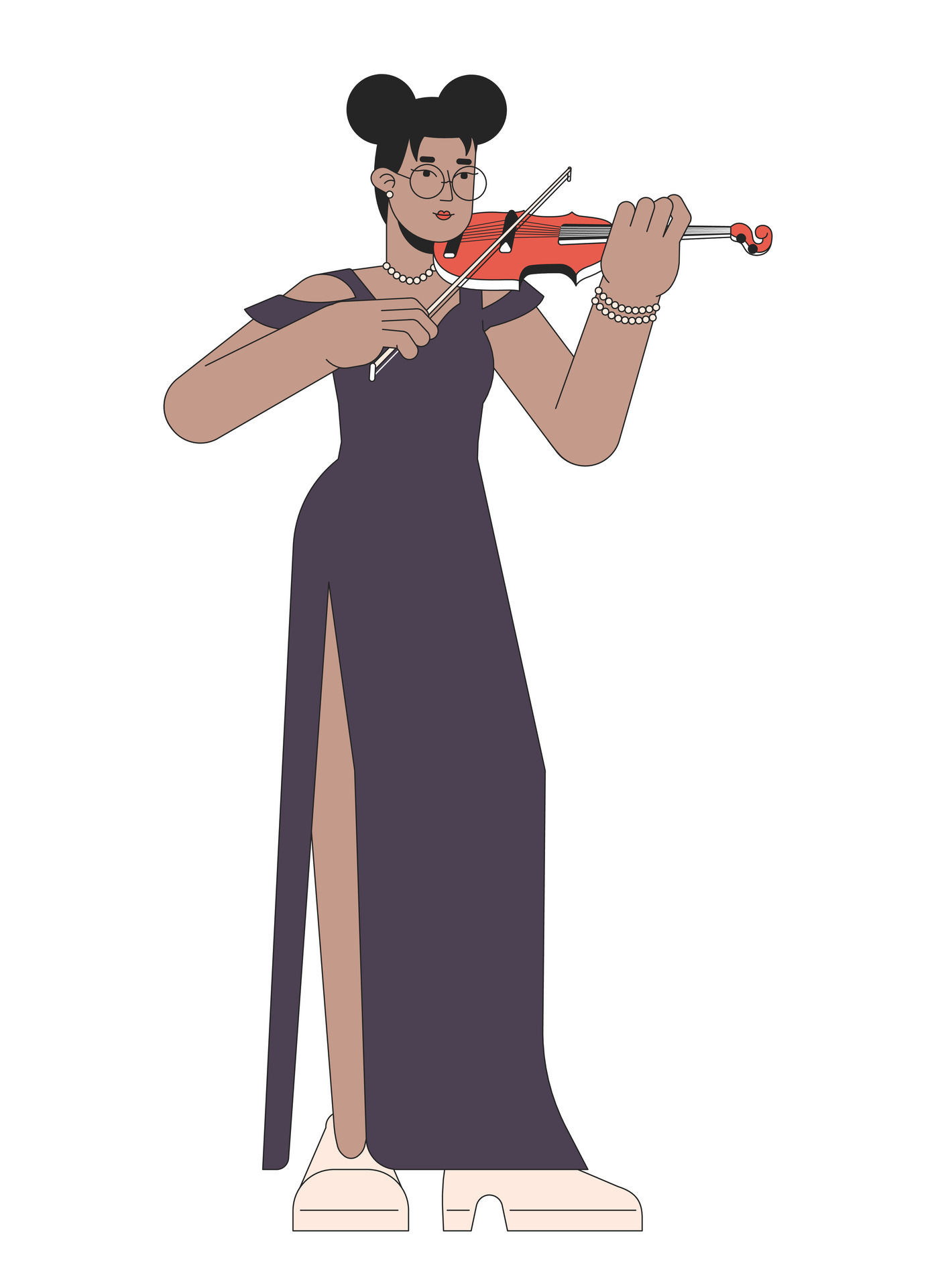 solo violoniste femelle ligne dessin animé plat illustration