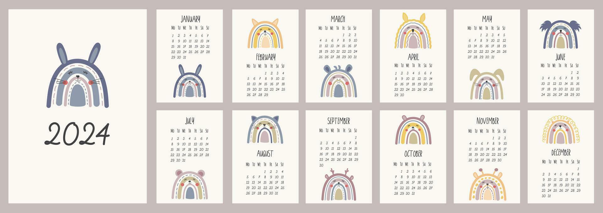 calendrier modèle pour 2024. verticale dessin animé mise en page. rétro  cœurs et personnages. une ensemble de 12 mois et une couverture. Taille a4,  a3, a5. 26702284 Art vectoriel chez Vecteezy