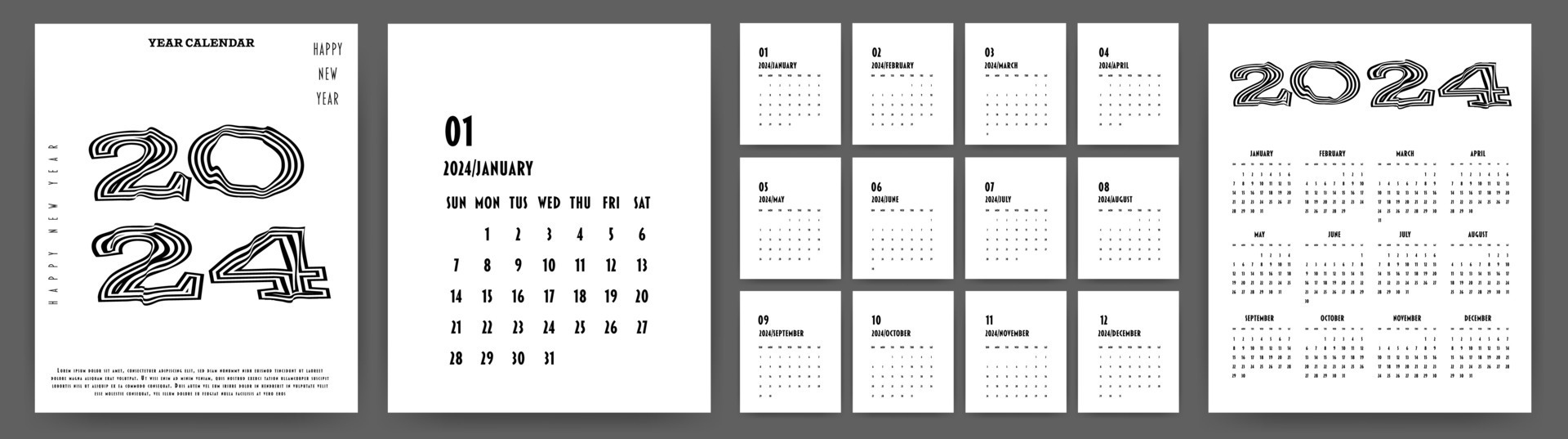 calendrier 2024 an. la semaine départs sur dimanche. conception