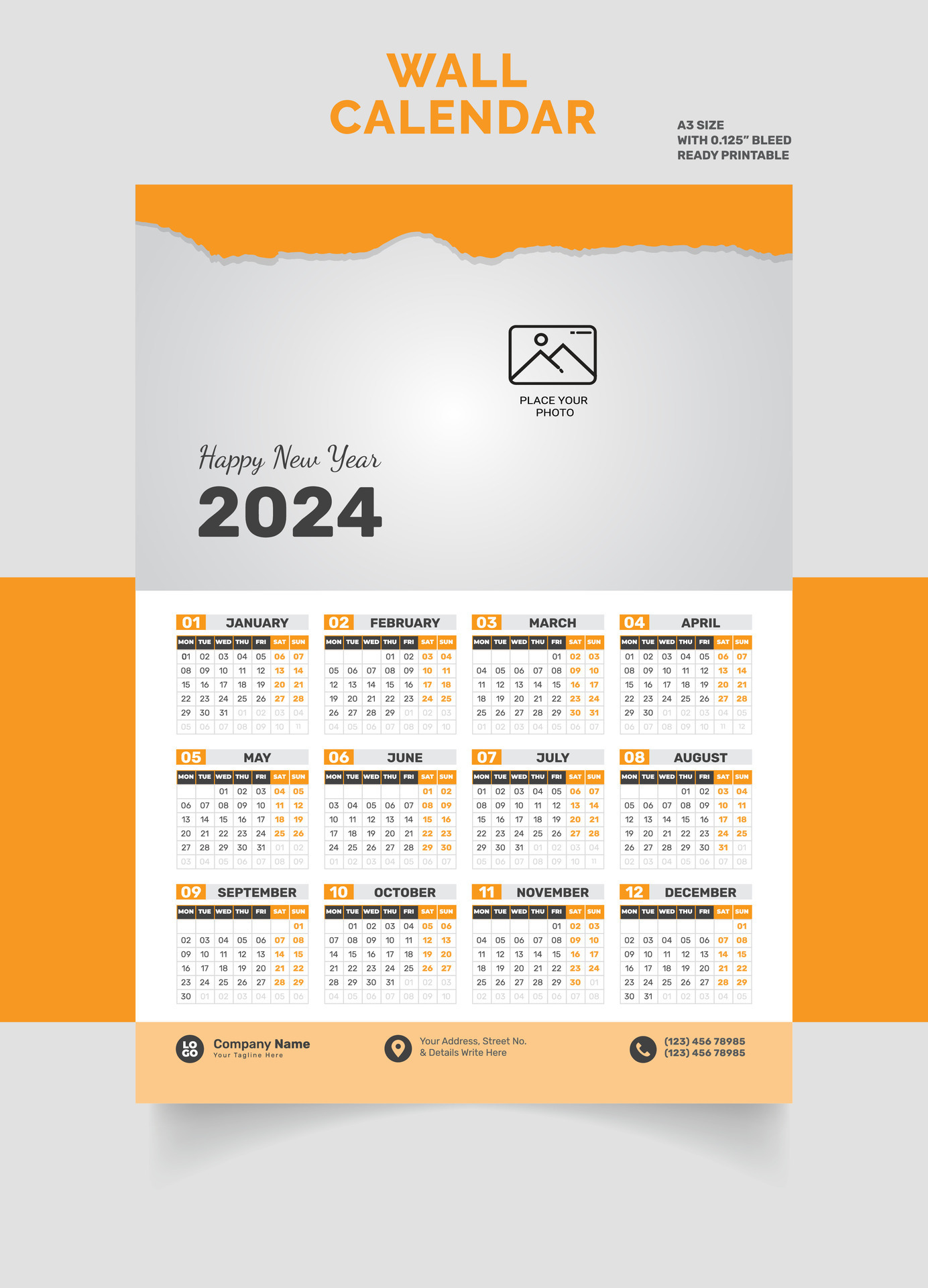 mur calendrier 2024 disposition Célibataire page, un page, mensuel  trimestriel calendrier. minimalisme style paysage calendrier pour 2024  année vecteur modèle 31601508 Art vectoriel chez Vecteezy