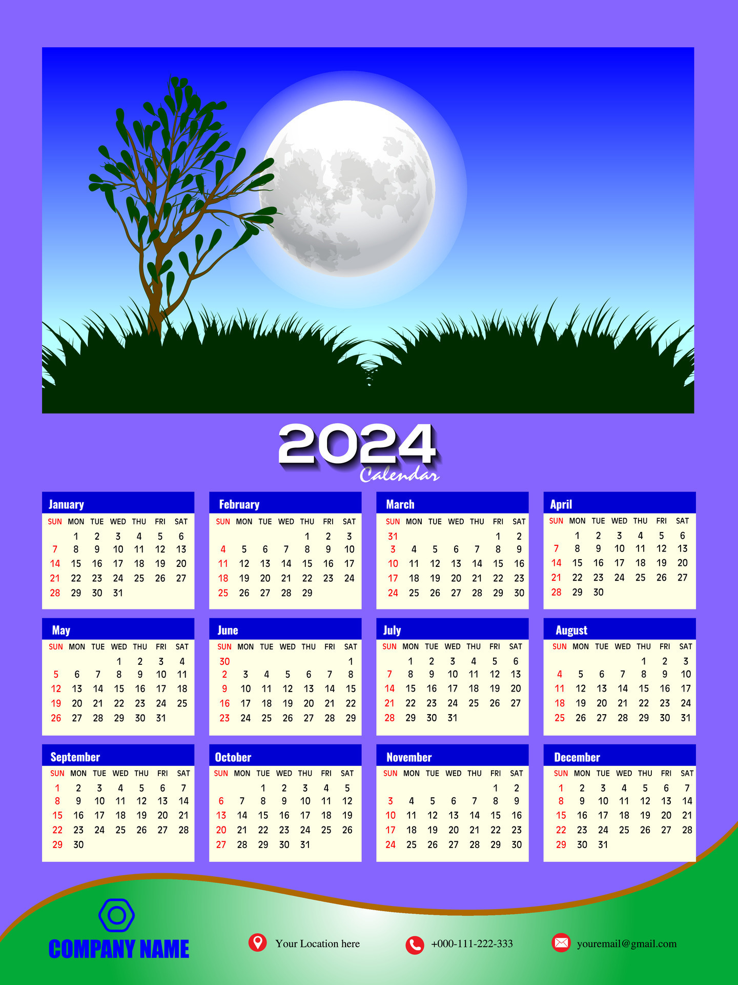 mur calendrier 2024 modèle conception. un page calendrier. 12 mois  calendrier. la semaine départs sur dimanche 26319968 Art vectoriel chez  Vecteezy