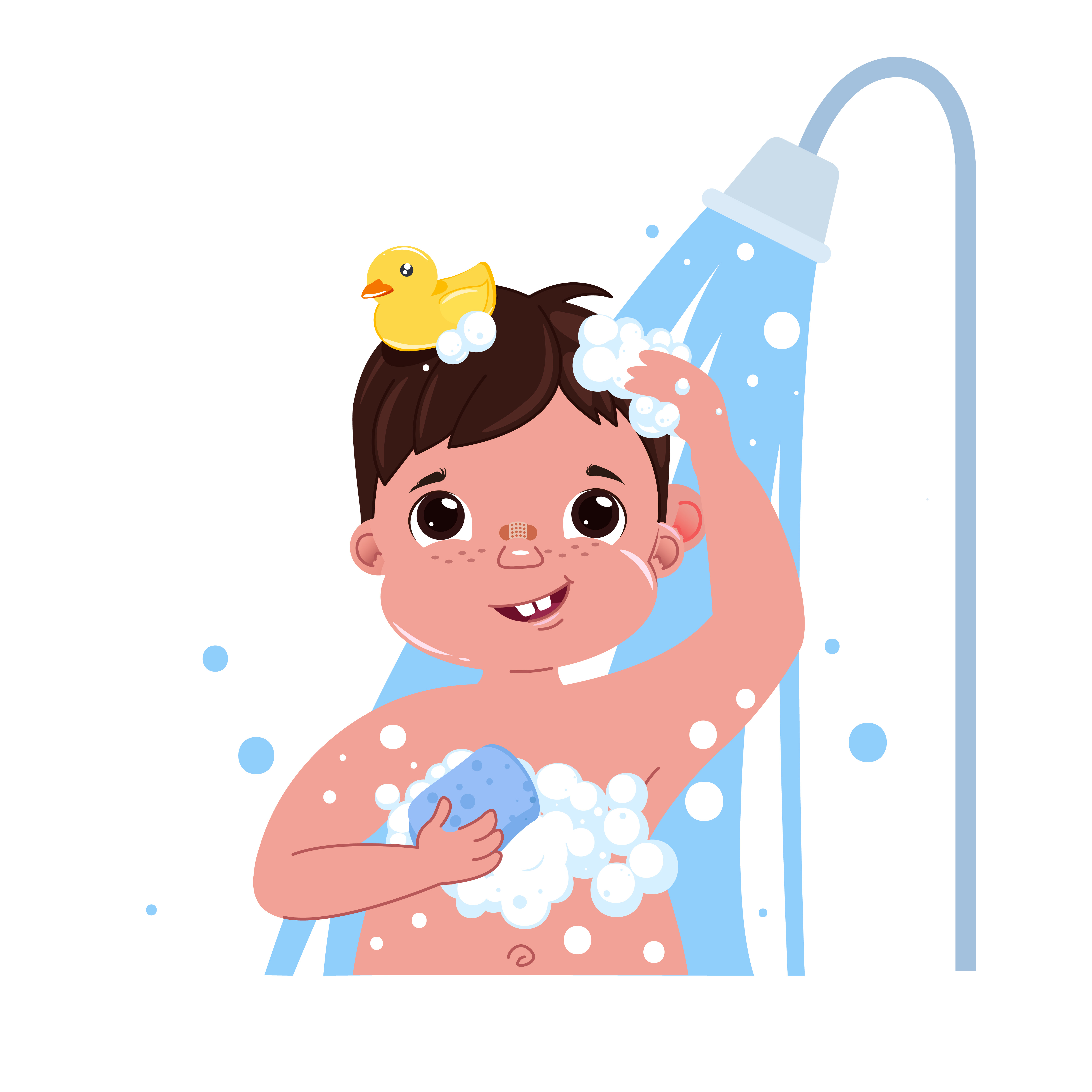 Petit personnage enfant garçon prend une douche. Routine quotidienne