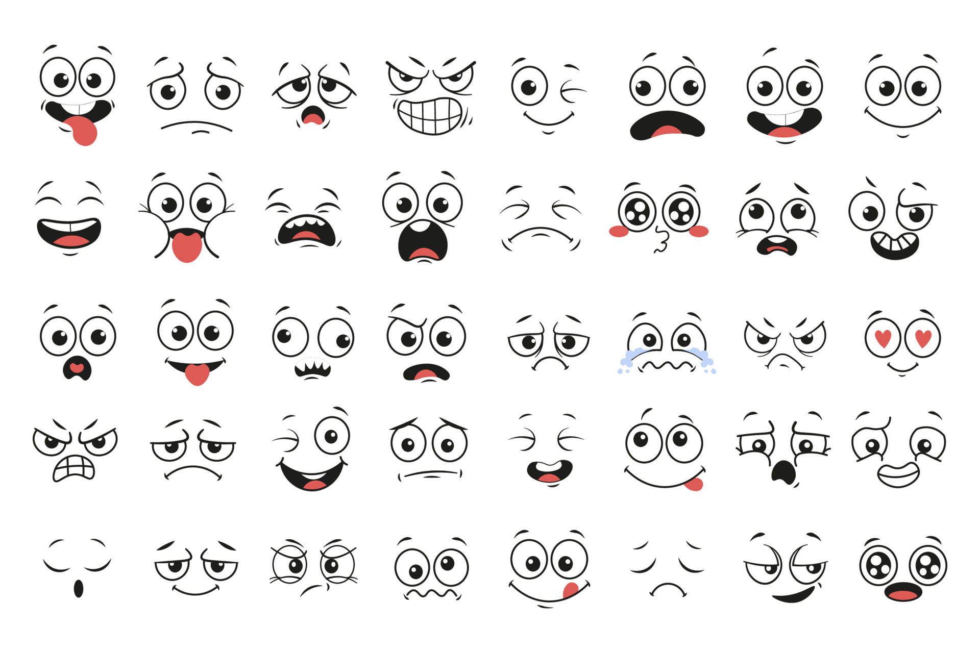 visages de dessins animés. yeux et bouche expressifs, sourires, pleurs