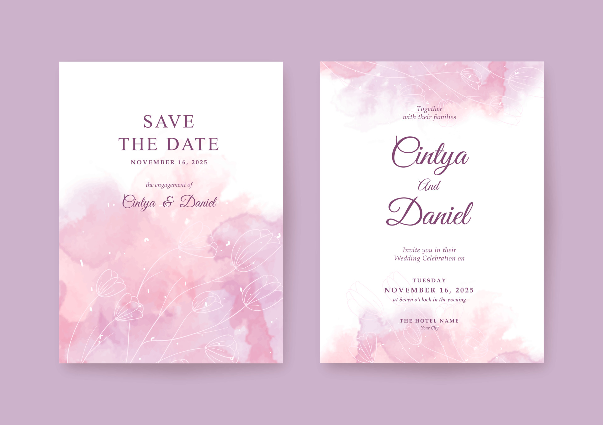 modèle d'invitation de mariage aquarelle romantique avec enveloppe