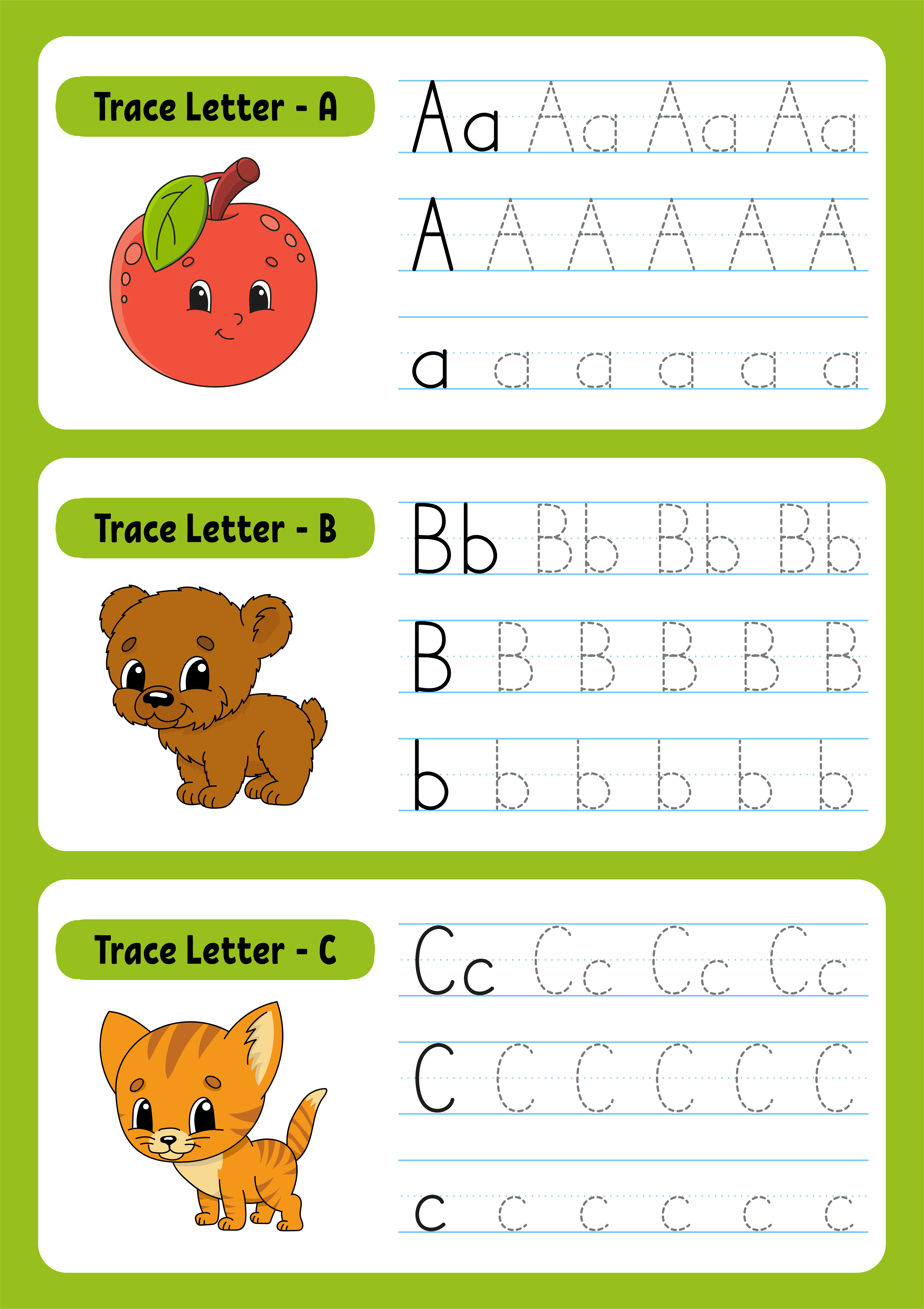 écrire des lettres. page de traçage. feuille de pratique. feuille de calcul  pour les enfants. exercice pour les écoles maternelles. apprendre  l'alphabet. personnages mignons. illustration vectorielle. style de bande  dessinée. 3771581 Art