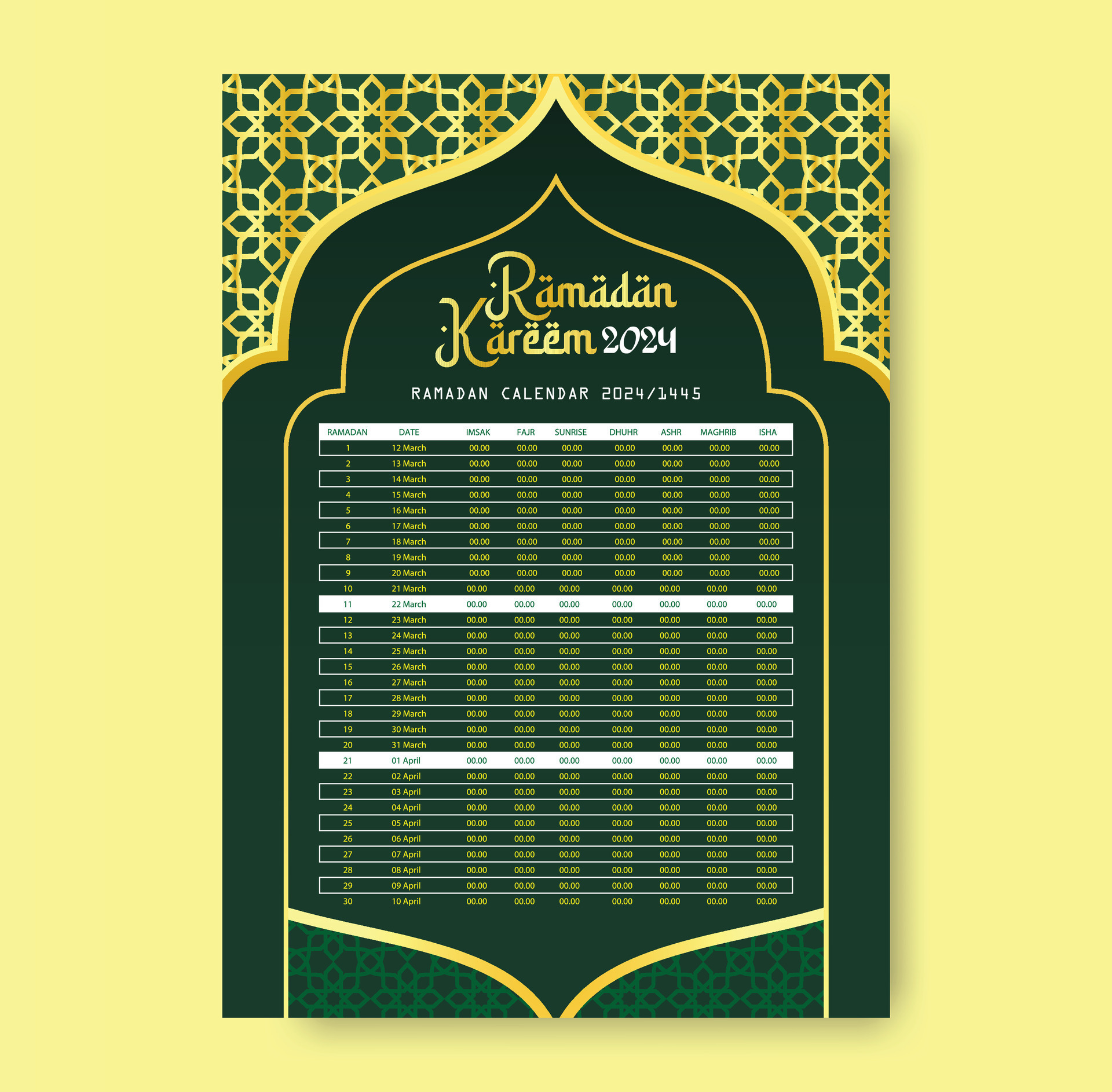 Ramadan calendrier conception modèle 2024, Ramadan calendrier, imsakia