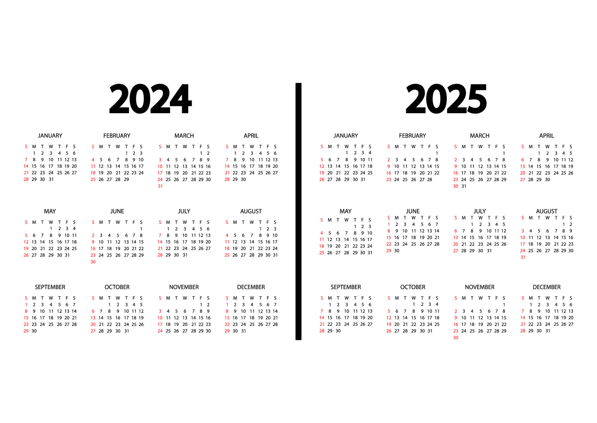 calendrier 2024, année 2025. la semaine commence le dimanche