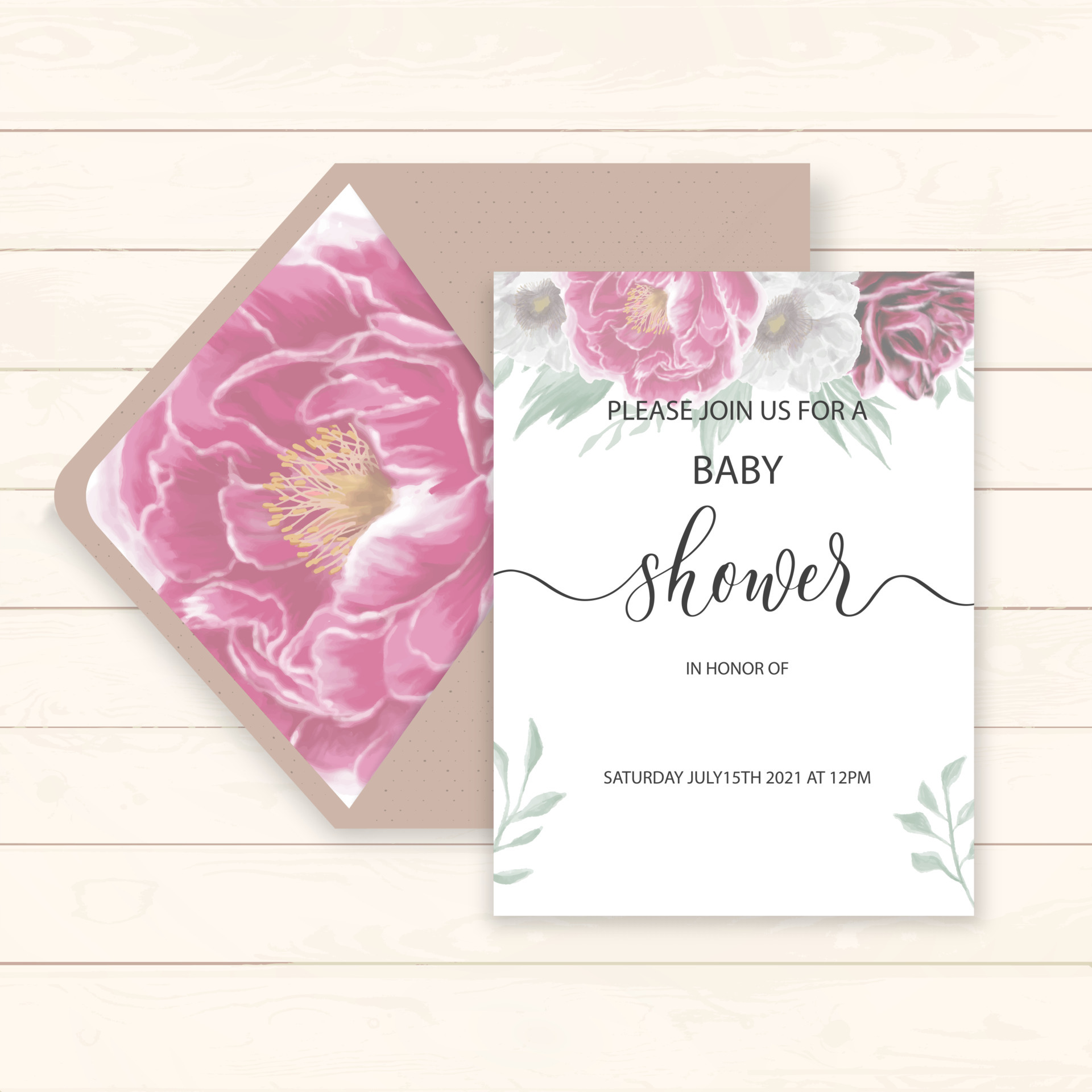 Invitation De Douche De Bebe Et Carte De Voeux De Joyeux Anniversaire Avec Pivoines Aquarelles Et Inscription En Ligne De Calligraphie Illustration Vectorielle Style Dessine A La Main Telecharger Vectoriel