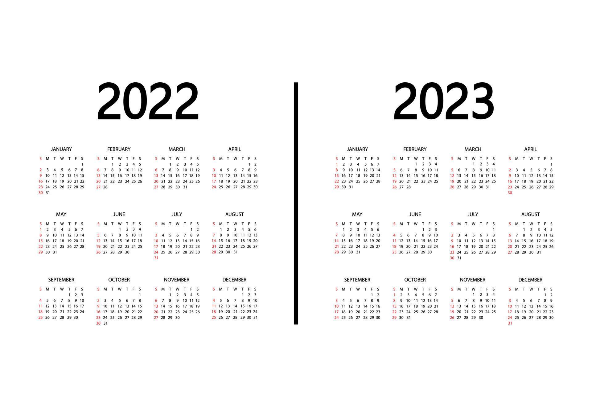 Calendarios 2022 Y 2023 calendrier 2022, année 2023. la semaine commence le dimanche. modèle  d'organisateur annuel. conception de maquette de calendrier en couleurs  noir et blanc, vacances en couleurs rouges 4274265 Art vectoriel chez  Vecteezy