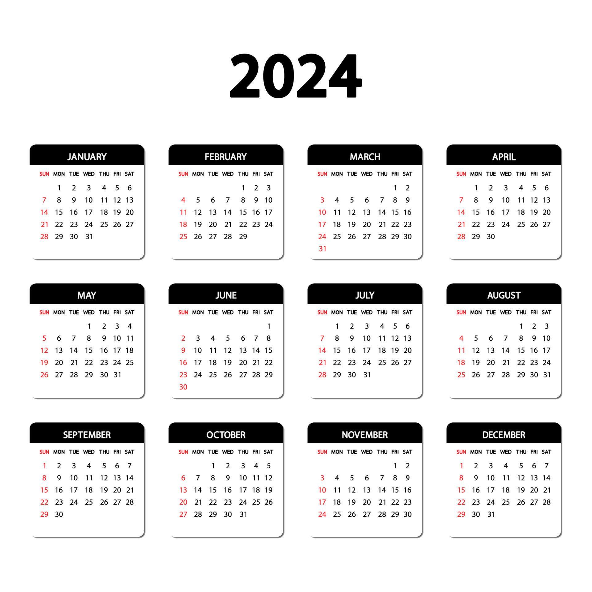 calendrier 2024 année. la semaine commence le dimanche. modèle de