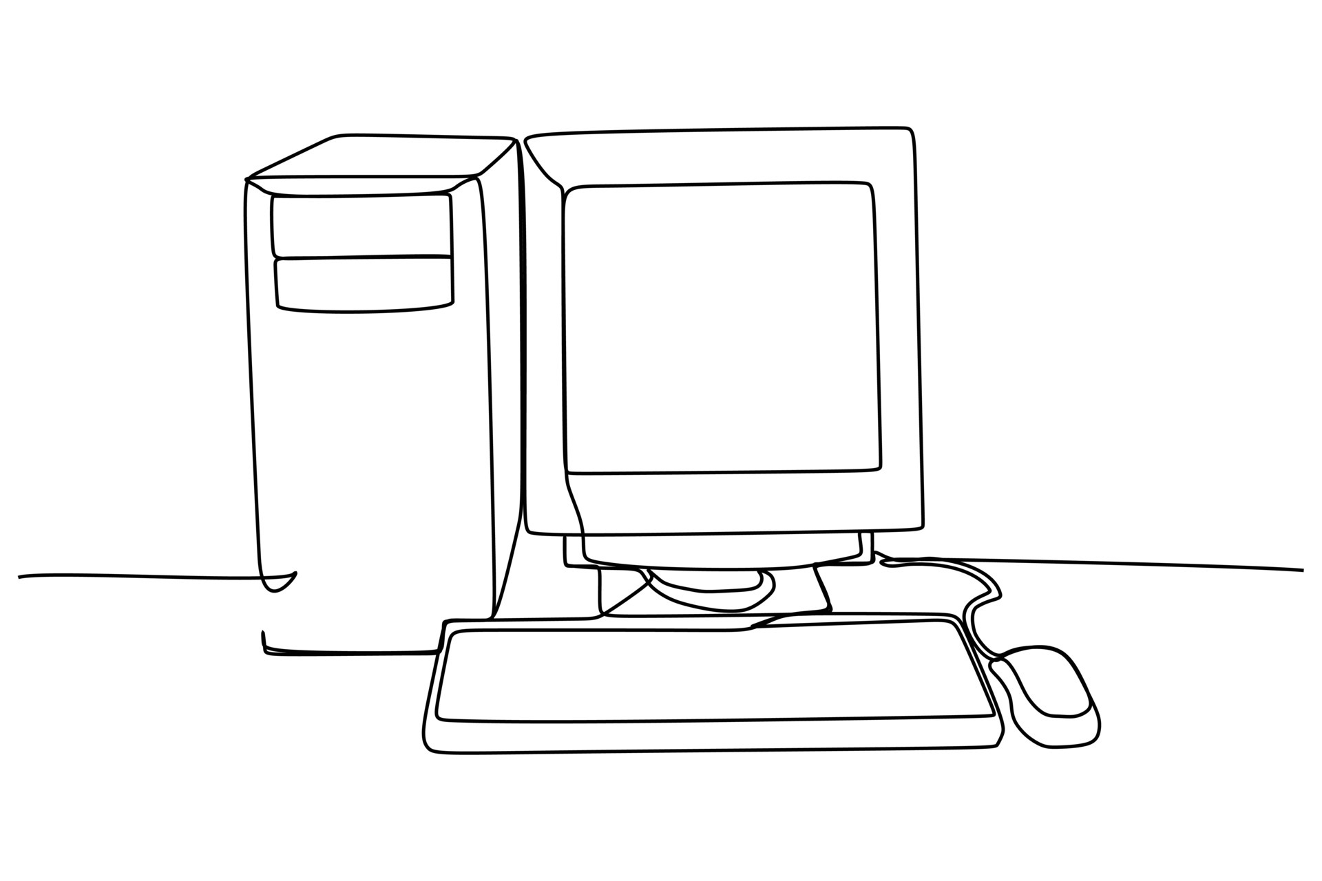 dessin au trait continu d'un bureau d'ordinateur pc. y compris clavier cpu  souris et moniteur 5096179 Art vectoriel chez Vecteezy