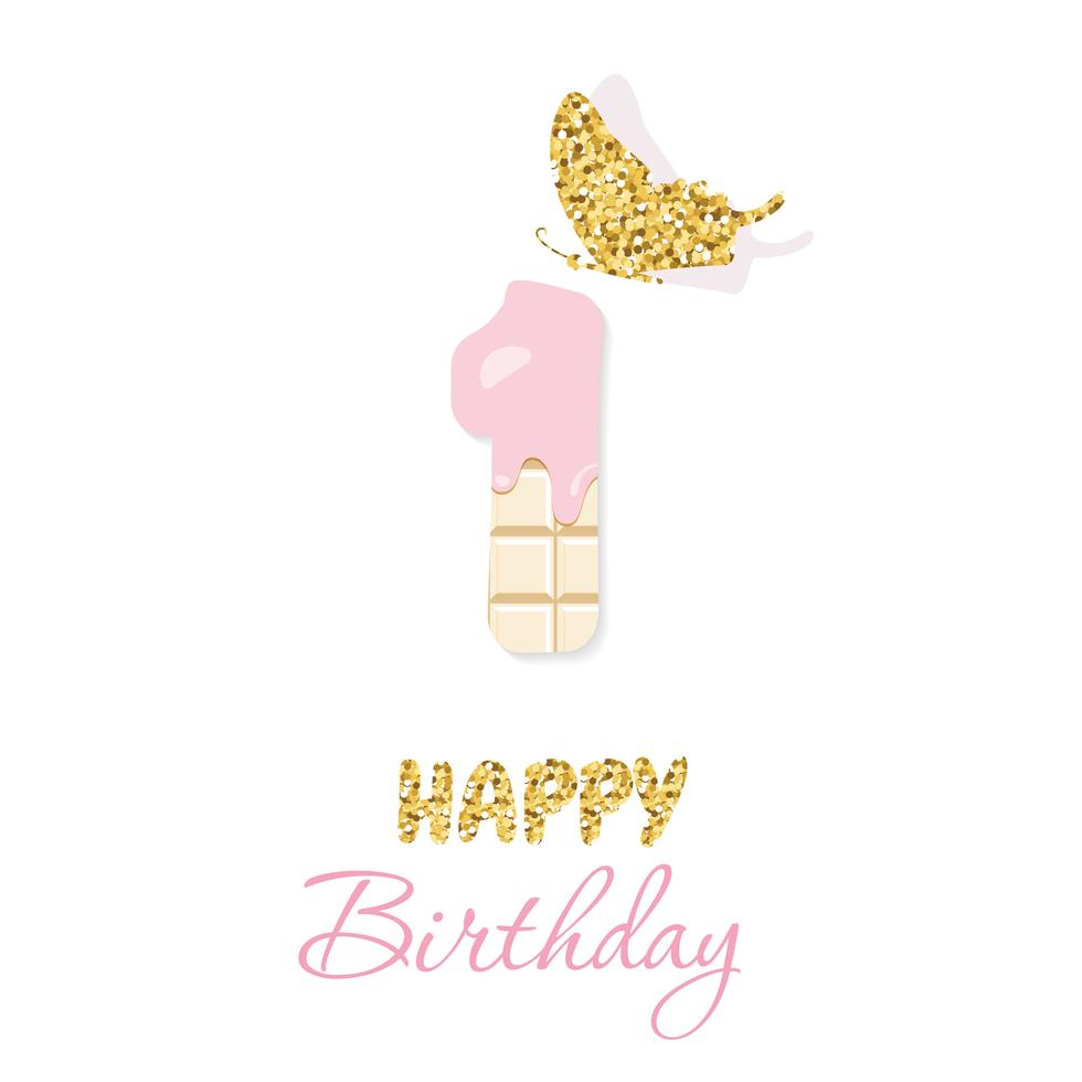 Carte De Voeux De Joyeux Anniversaire Avec Le Chocolat Numero 1 Et Papillon Paillete Un An Anniversaire De Bebe Fille Design Minimaliste Branche Telecharger Vectoriel Gratuit Clipart Graphique Vecteur Dessins Et