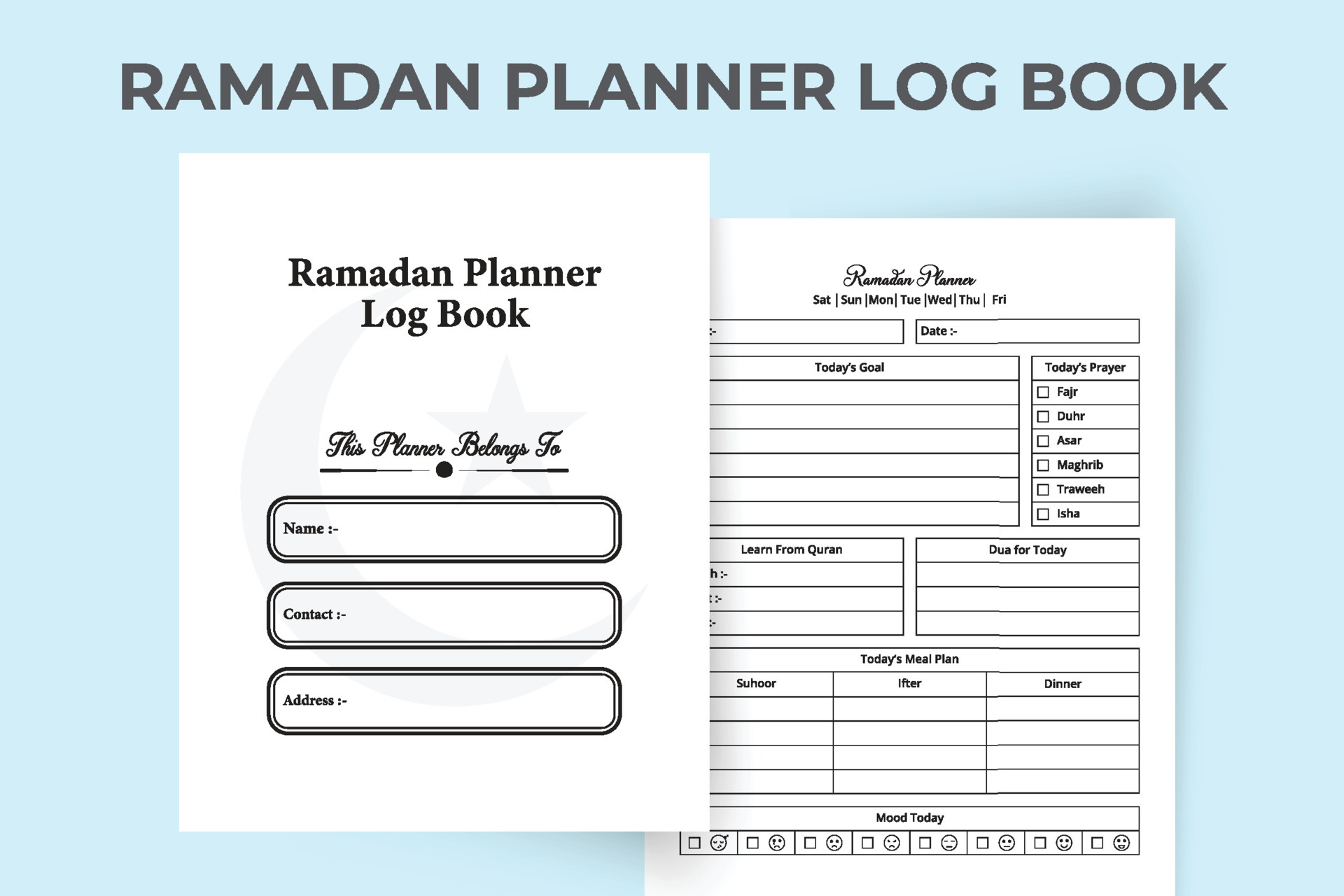 intérieur du modèle de planificateur de ramadan. suivi de l'activité du  ramadan et de l'expérience de jeûne. intérieur d'un cahier. planificateur  de repas ramadan et modèle de journal de suivi des activités.