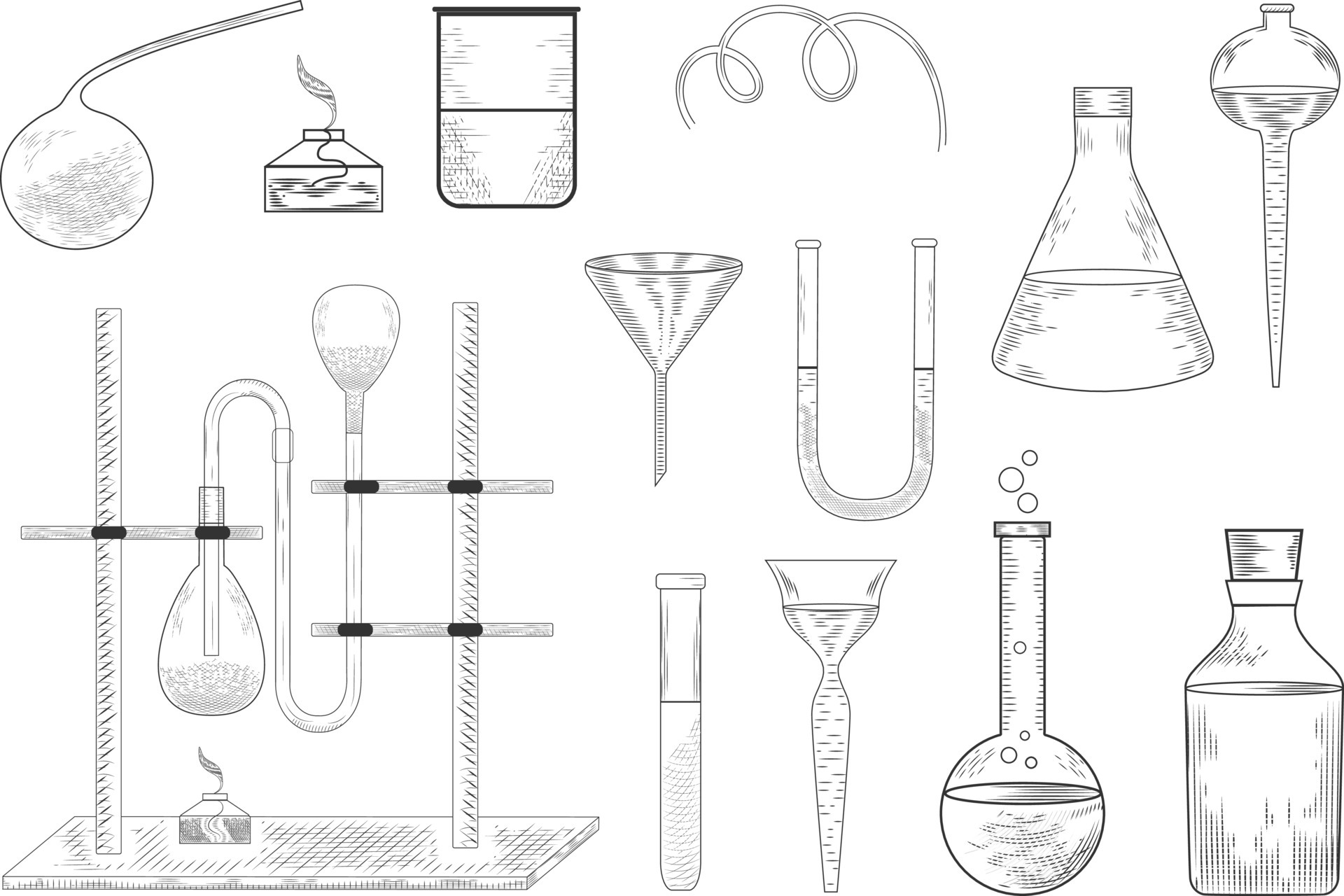 croquis d'une expérience et d'un équipement de laboratoire de